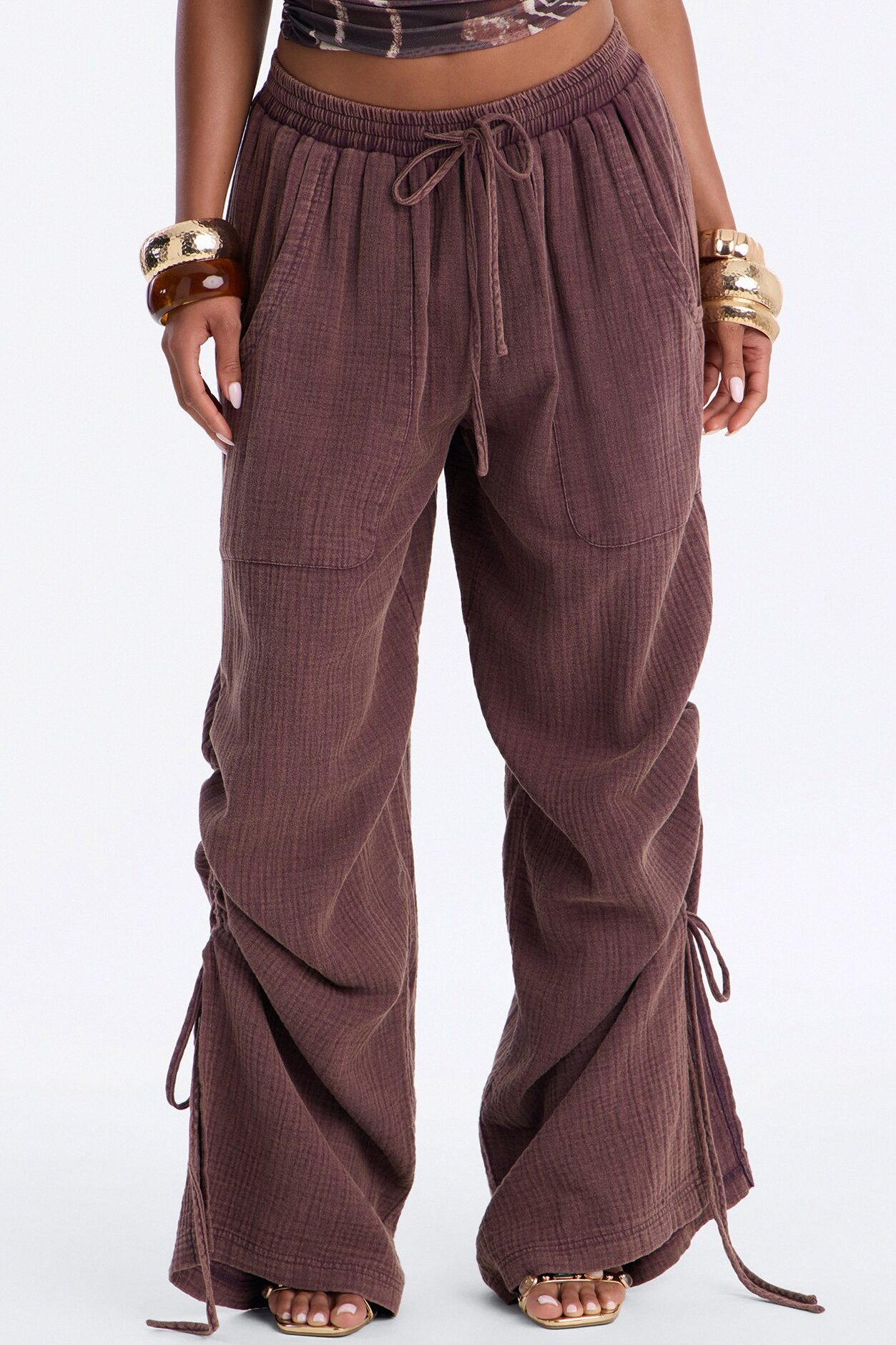 Kayla Mid Rise Washed Gauze Wide Leg Pant - Brown