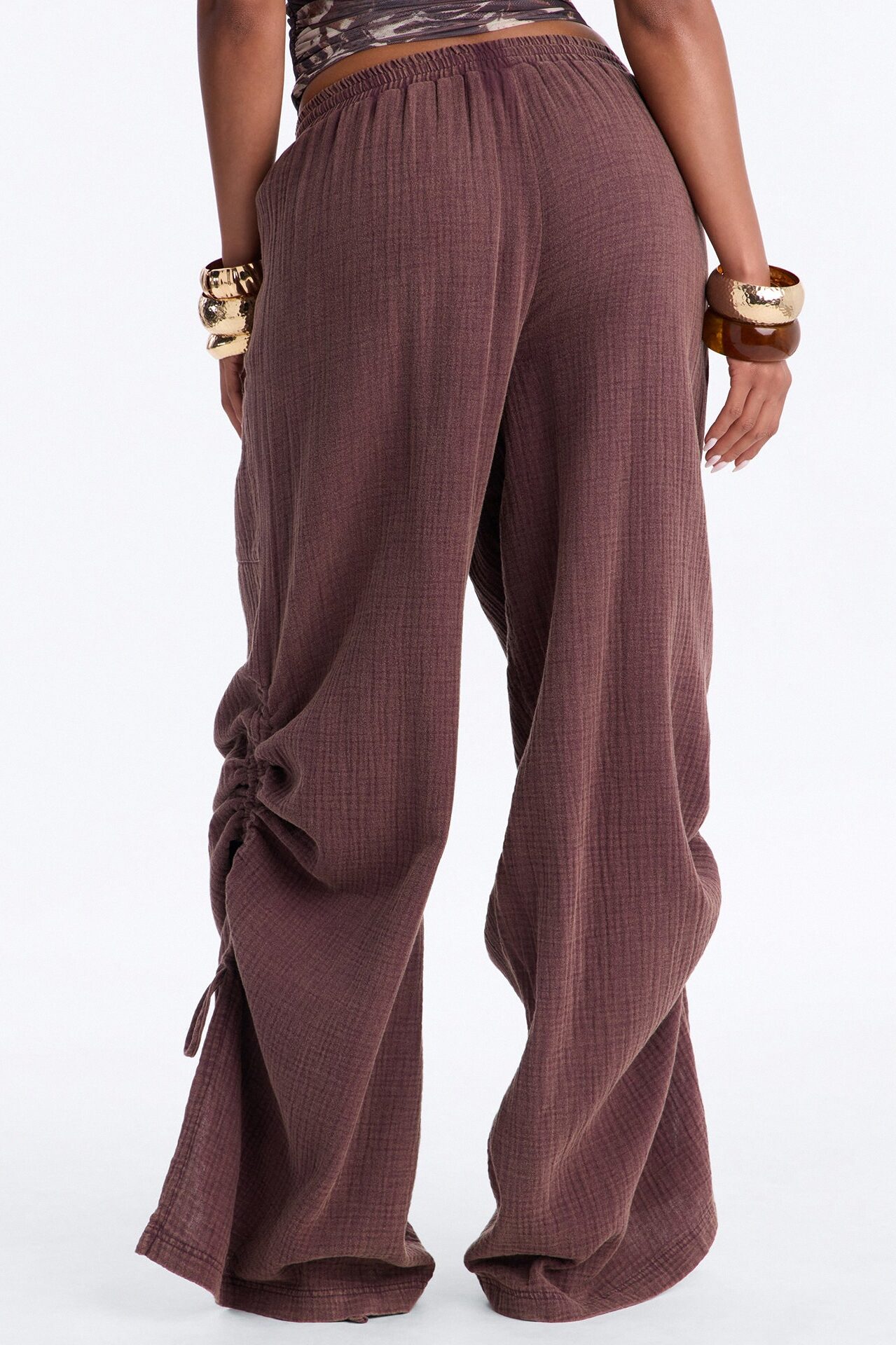 Kayla Mid Rise Washed Gauze Wide Leg Pant - Brown