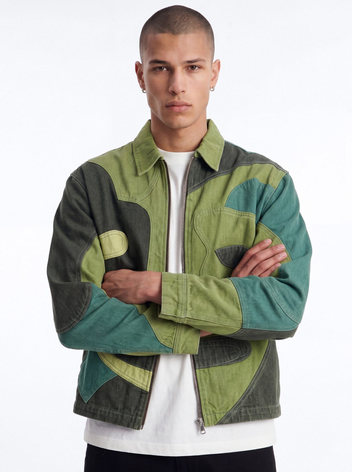 Portrait Patchwork Denim Jacket - Green/combo
