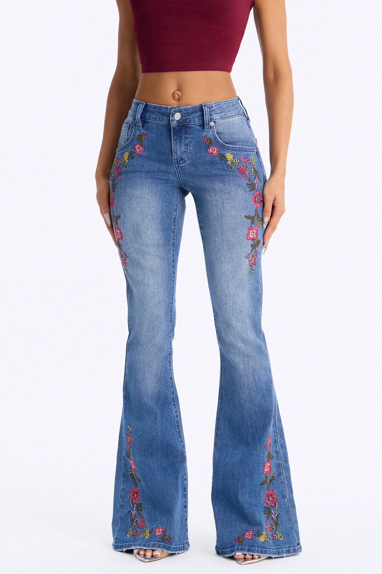 Pick Me Floral Embroidered Low Rise Jeans - Medium Wash