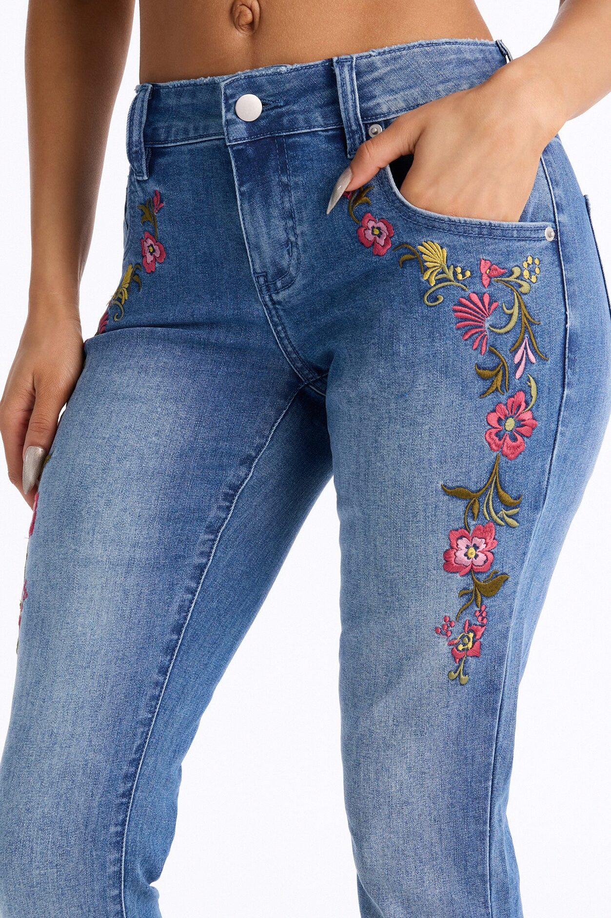 Pick Me Floral Embroidered Low Rise Jeans - Medium Wash