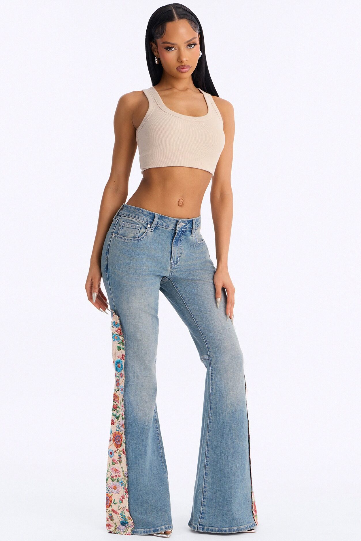 Golden Aged Tapestry Stretch Mid Waist Flare Leg Jeans - Vintage Wash