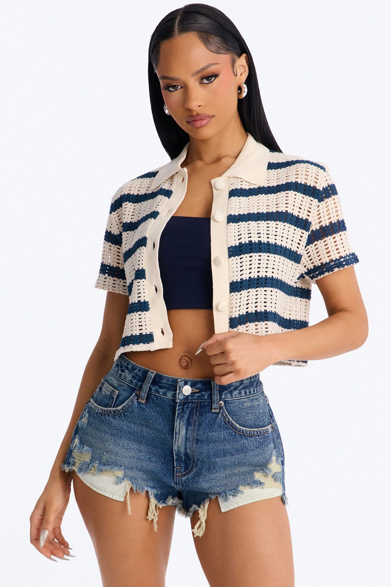Costal Girl Striped Crochet Shirt - Navy/combo