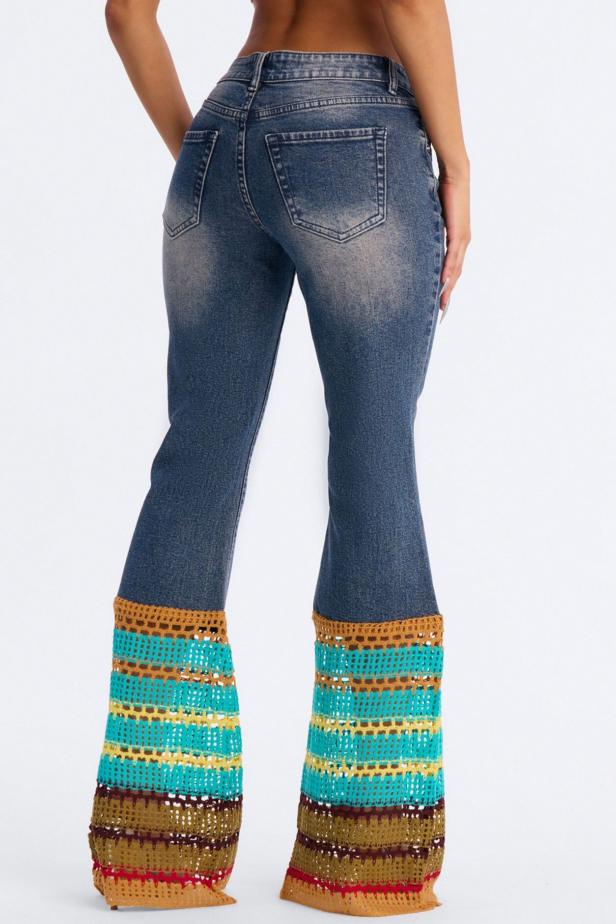 Sunspell Crotchet Trim Stretch Flare Leg Jeans - Vintage Wash
