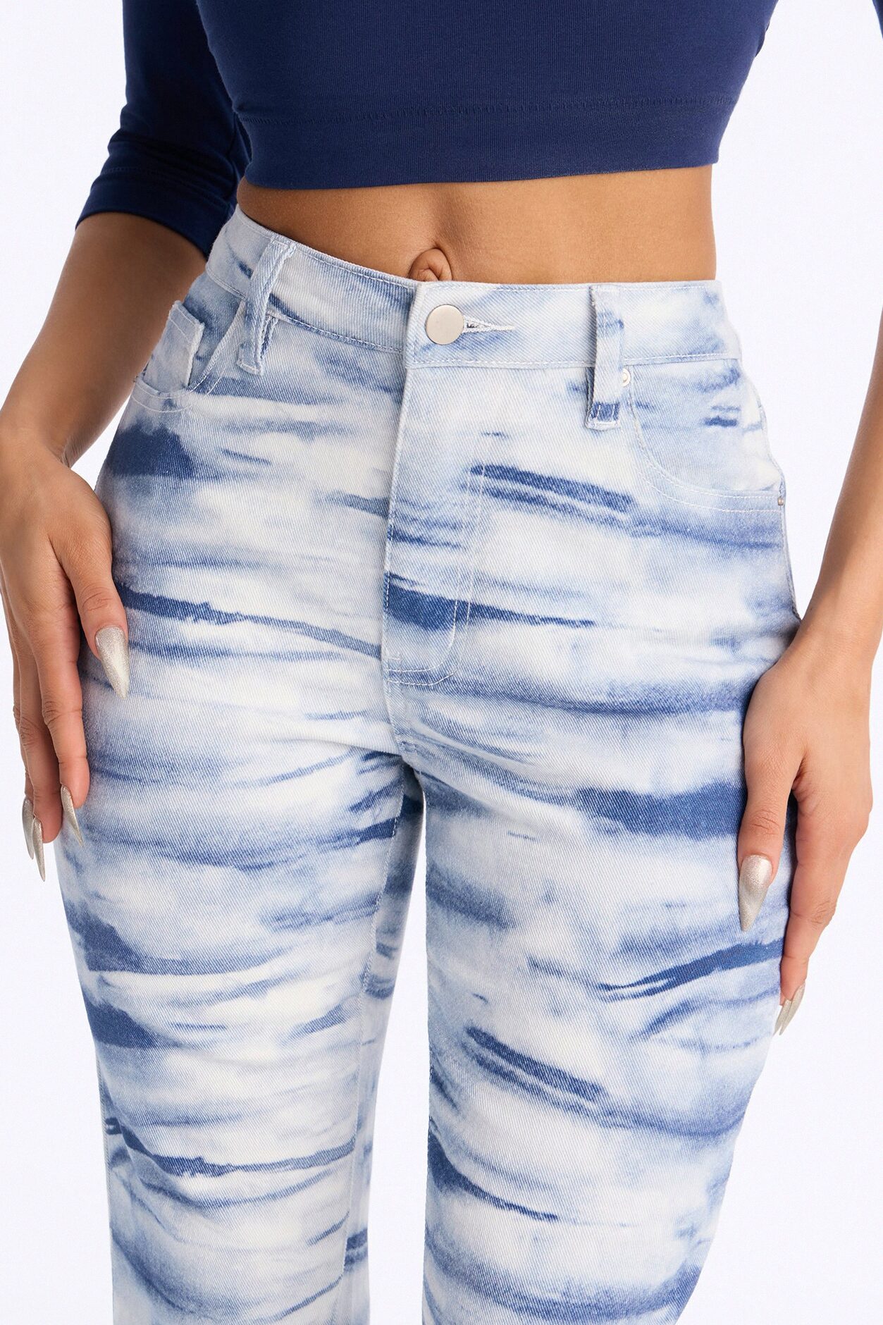 Heartland Printed Tie Dye Stretch Flare Jeans - Blue/combo