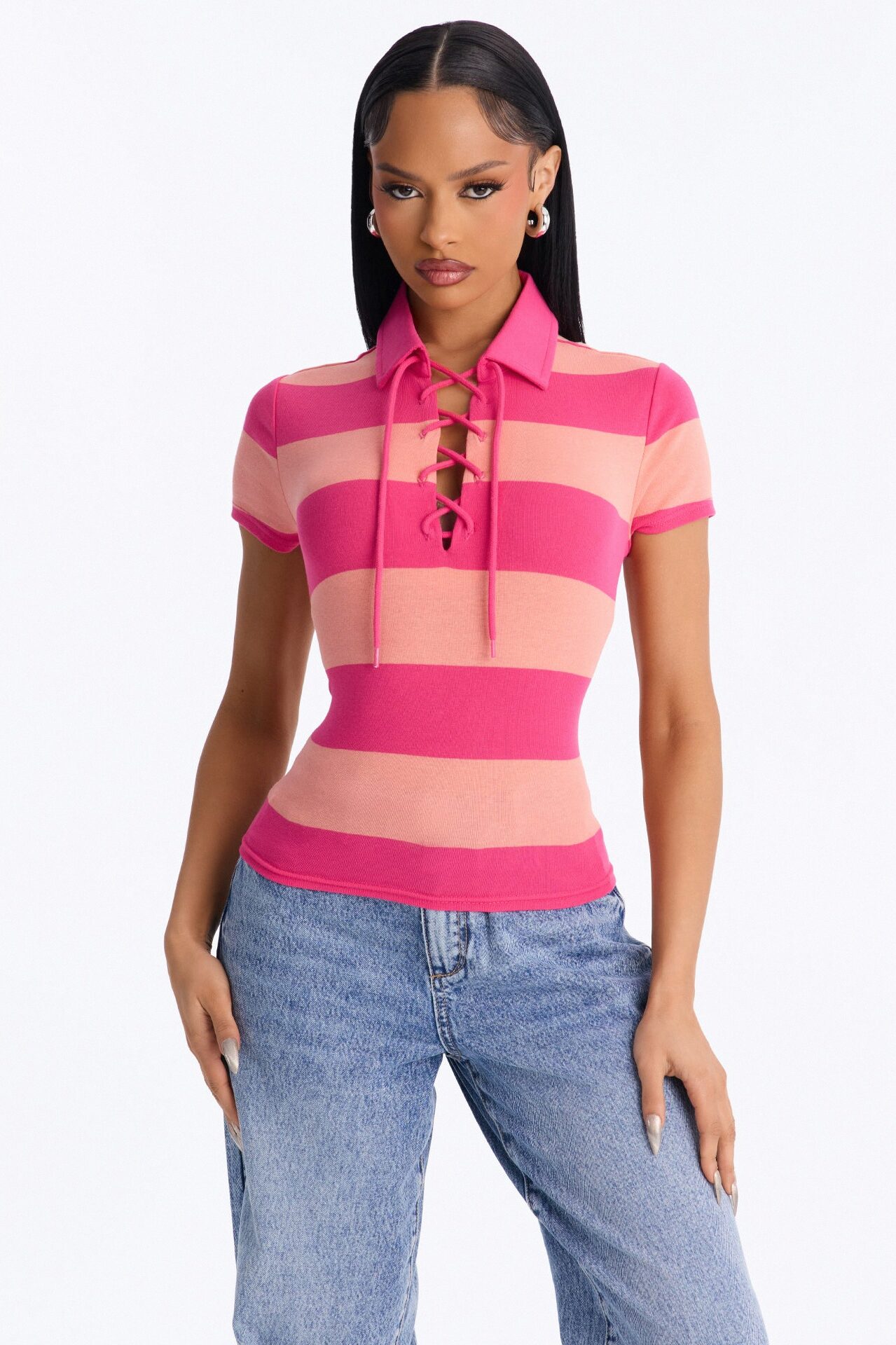 Khai Striped Lace Up Short Sleeve Polo Top - Orange/combo