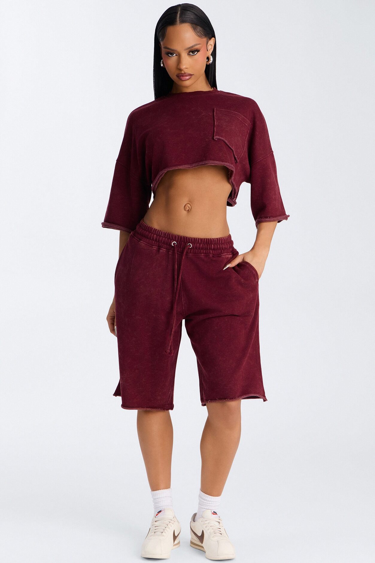Trina Cropped French Terry Jort Set - Burgundy