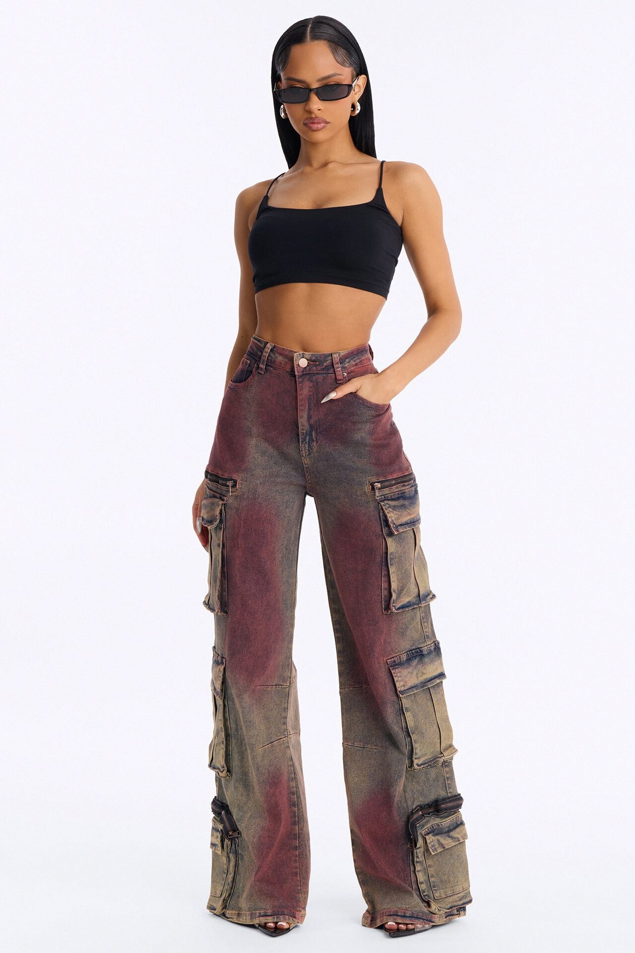 Horizon Tinted Cargo Wide Leg Jeans - Red/combo