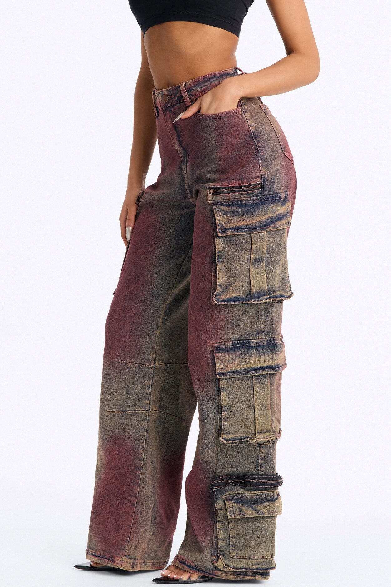 Horizon Tinted Cargo Wide Leg Jeans - Red/combo