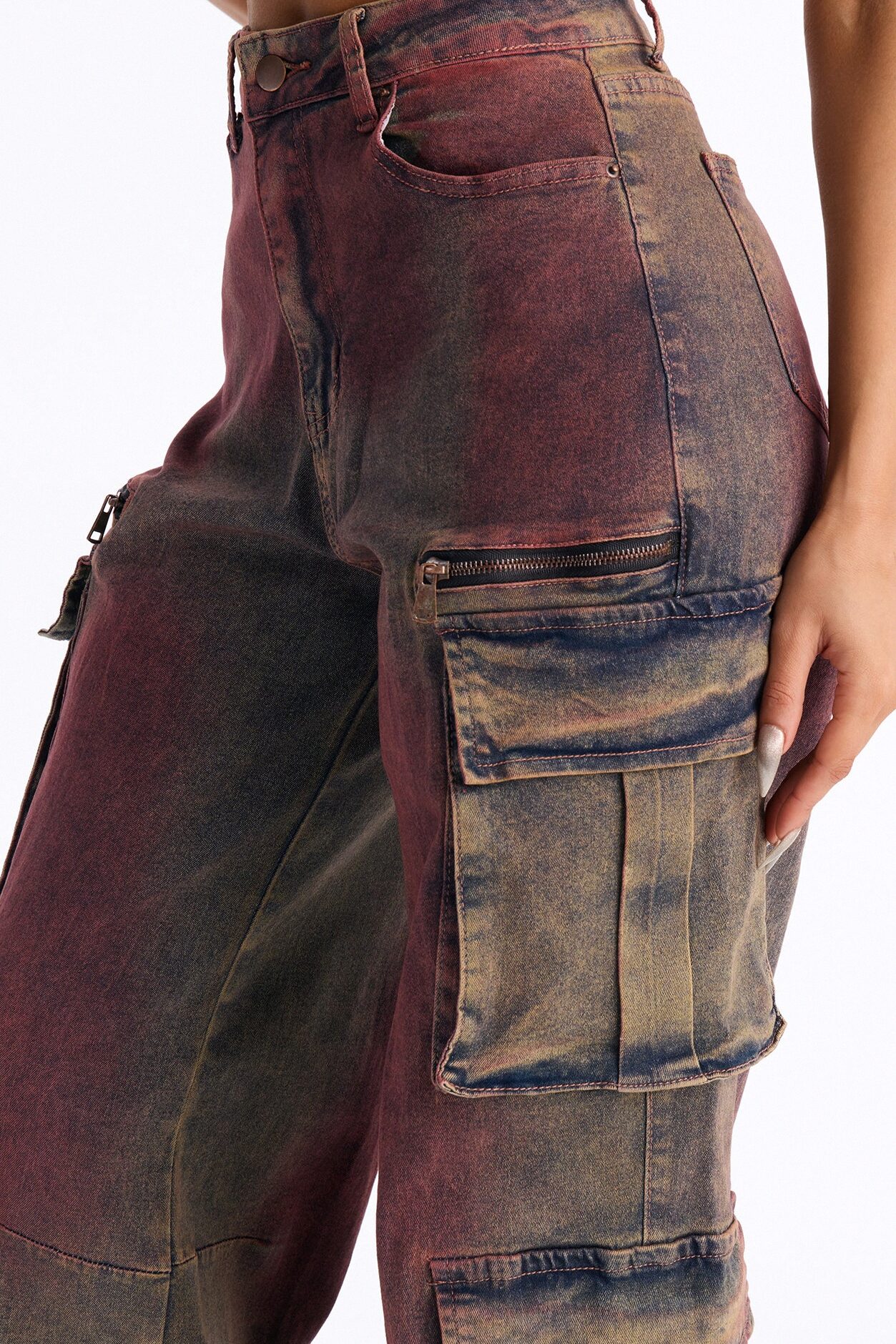 Horizon Tinted Cargo Wide Leg Jeans - Red/combo