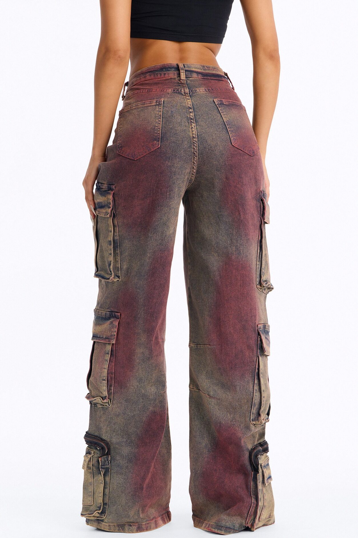 Horizon Tinted Cargo Wide Leg Jeans - Red/combo