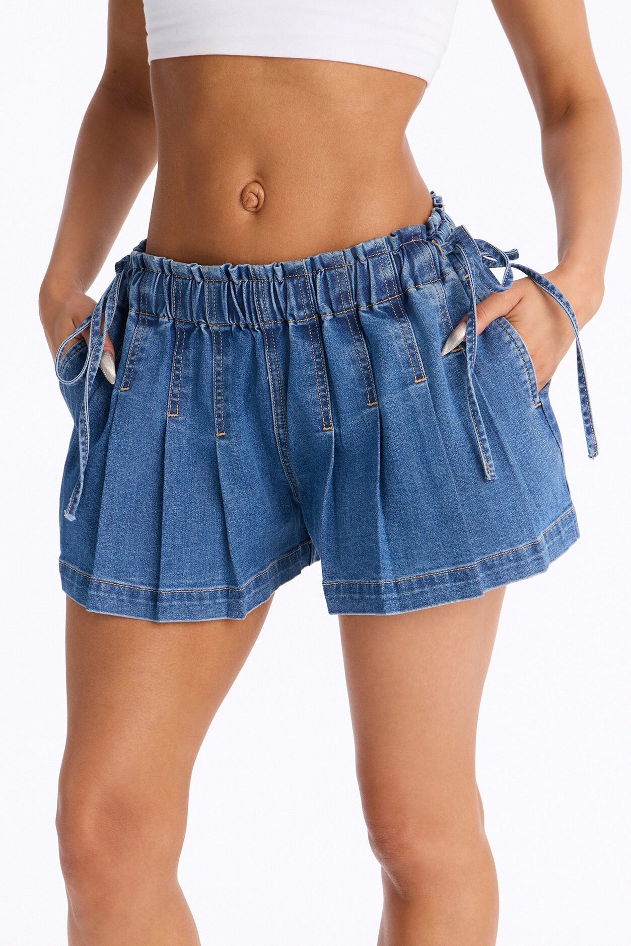 Naples Pleated Linen Blend Denim Shorts - Dark Wash