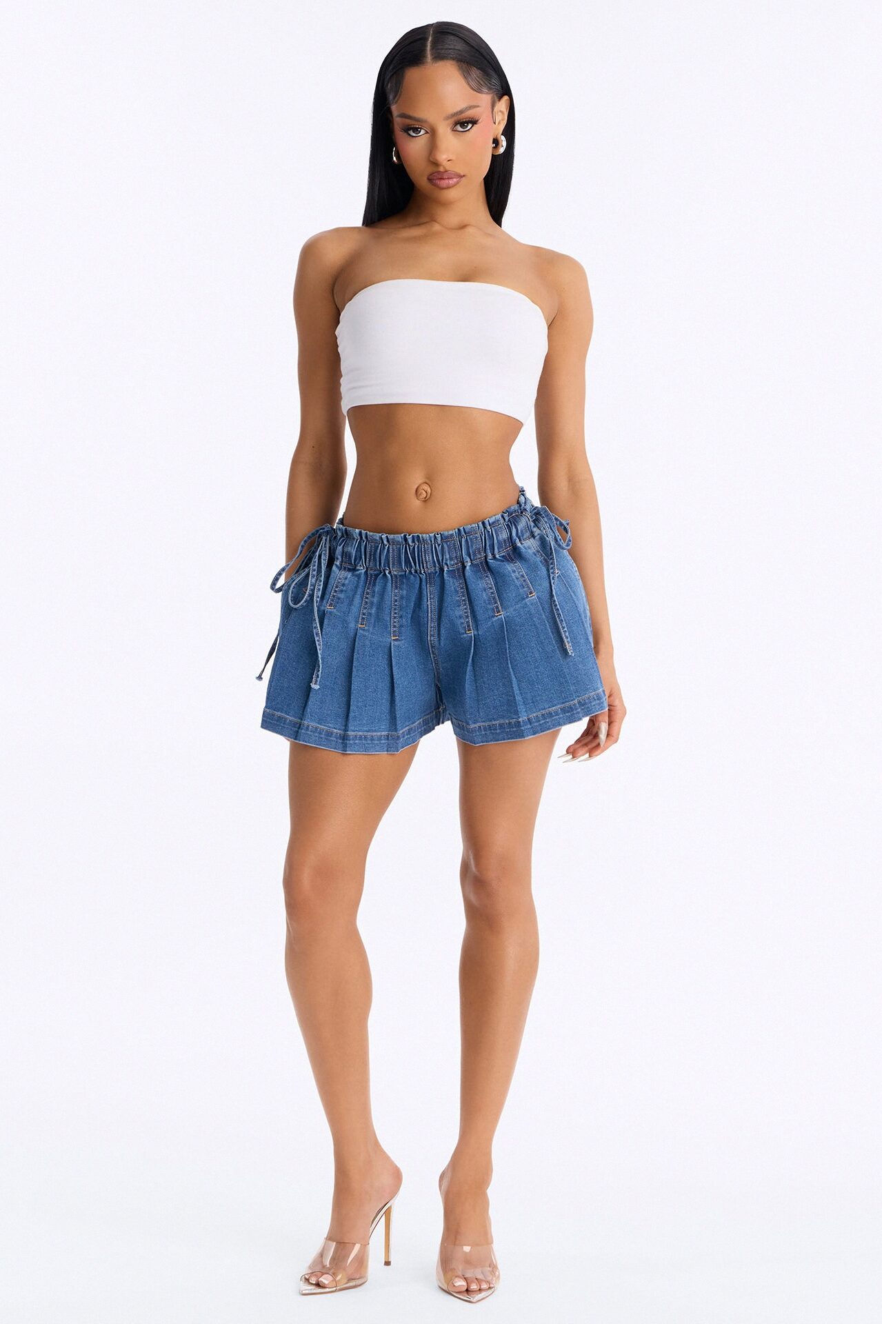 Naples Pleated Linen Blend Denim Shorts - Dark Wash