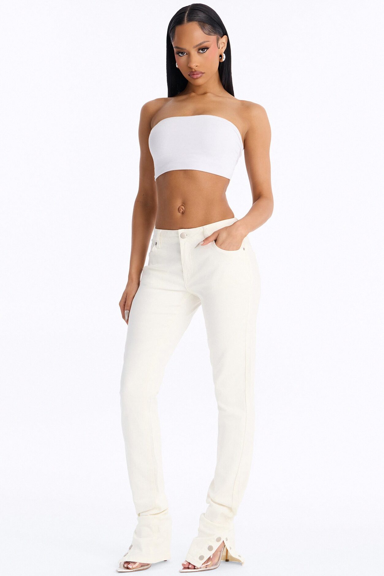 Siena Straight Leg Button Stacked Pant - Ivory