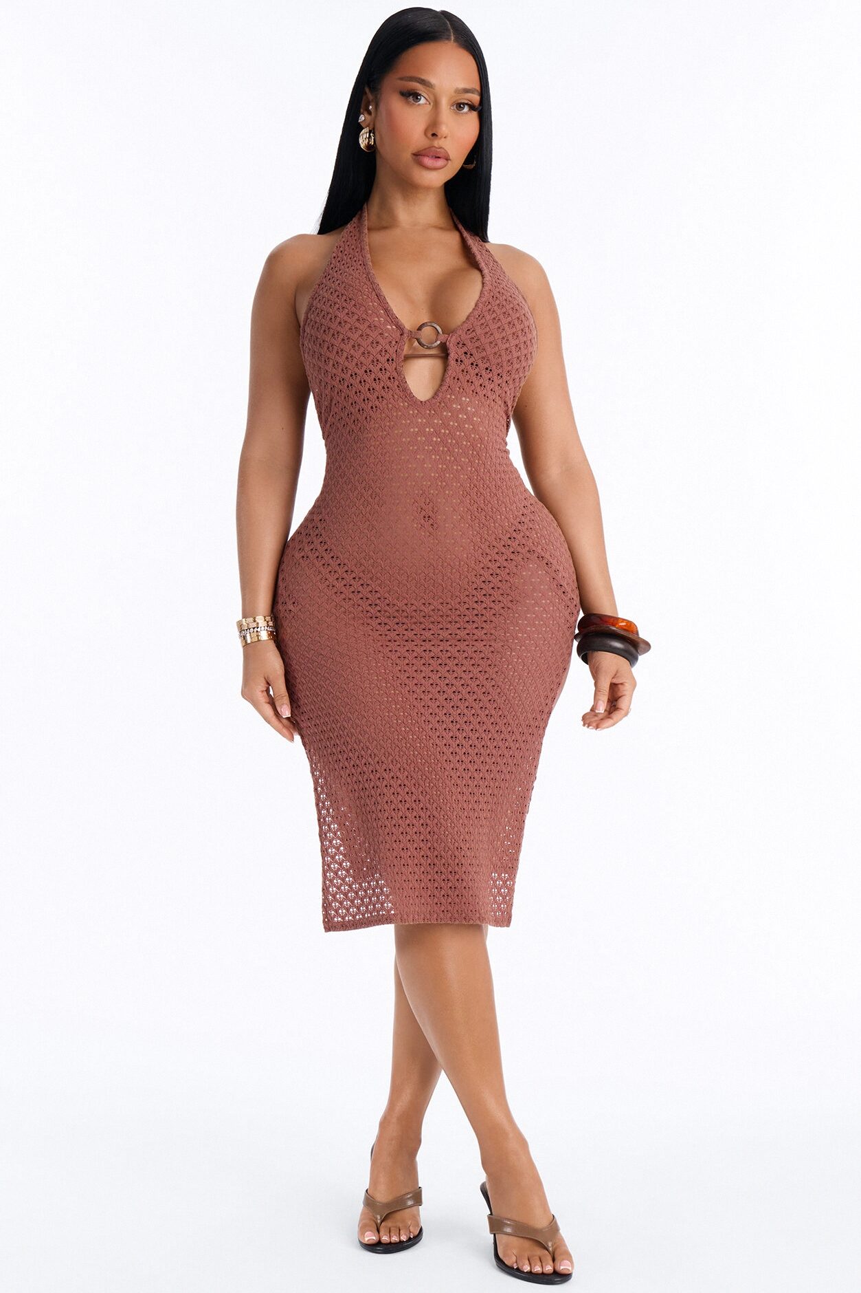 Isla Sun Heat Crochet O-Ring Midi Swim Cover Up Dress - Chocolate