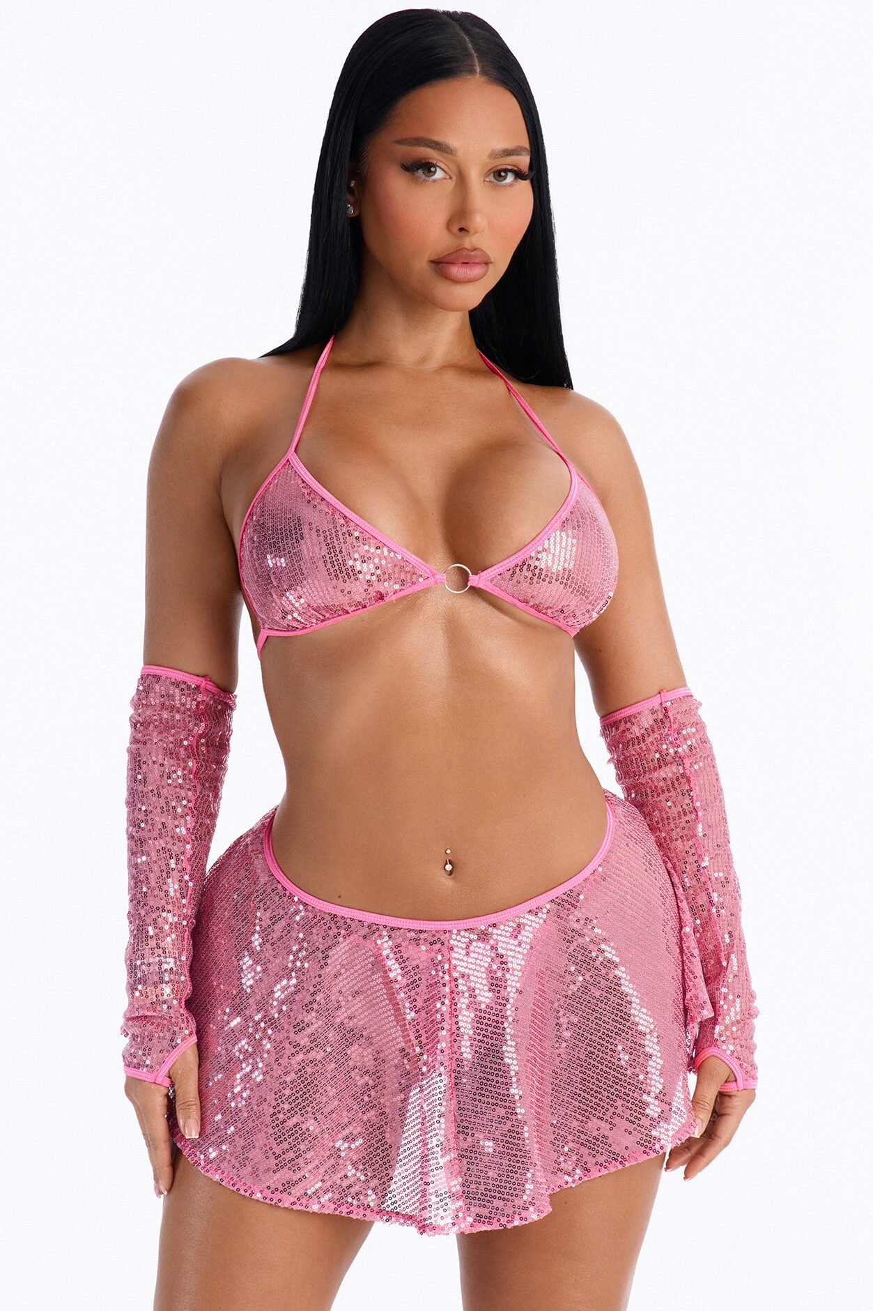 Nightly Sequin Triangle Bralette Mini Skirt 4 Piece Set - Pink