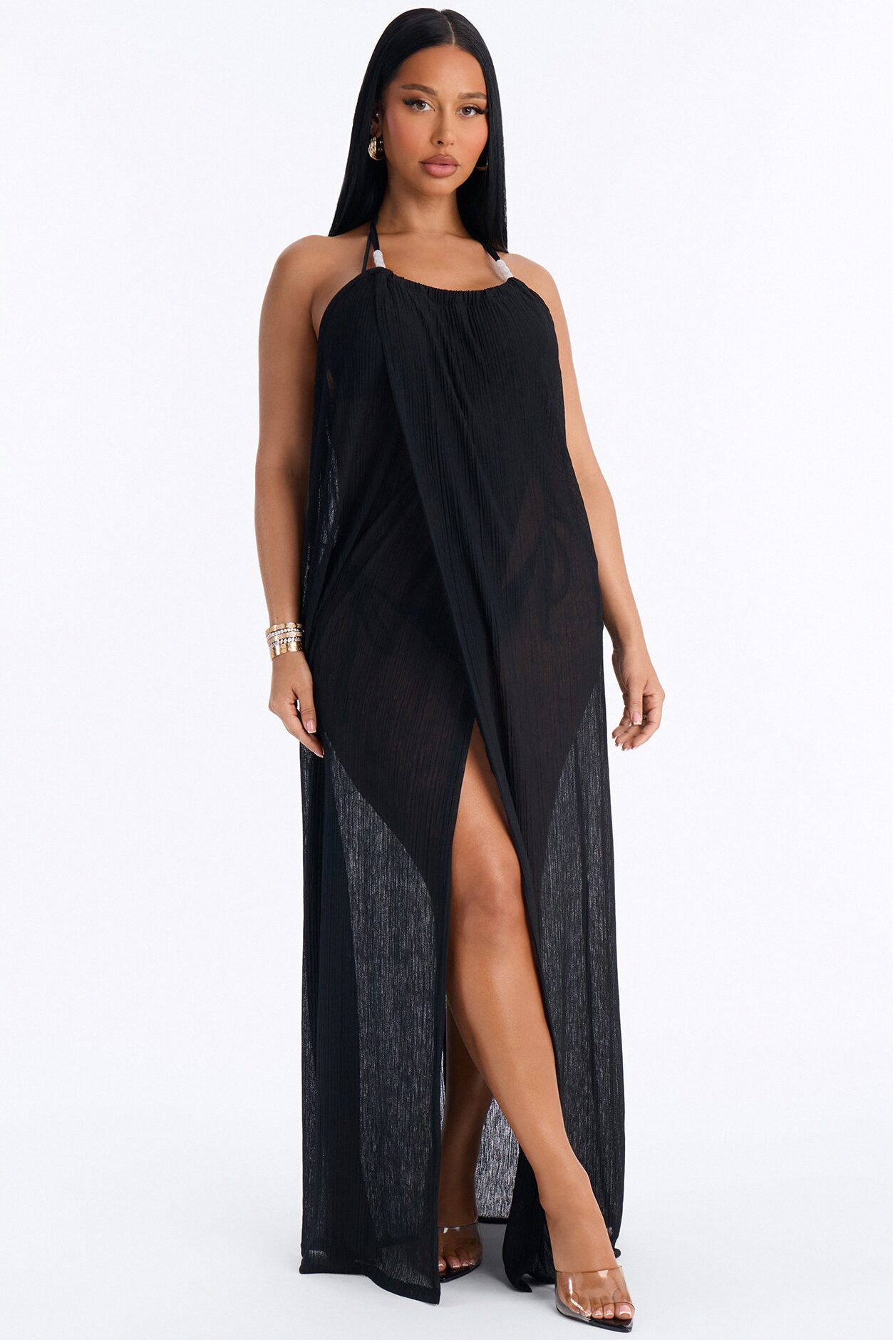 Summer Breeze Plisse Halter Cover Up Maxi Dress - Black