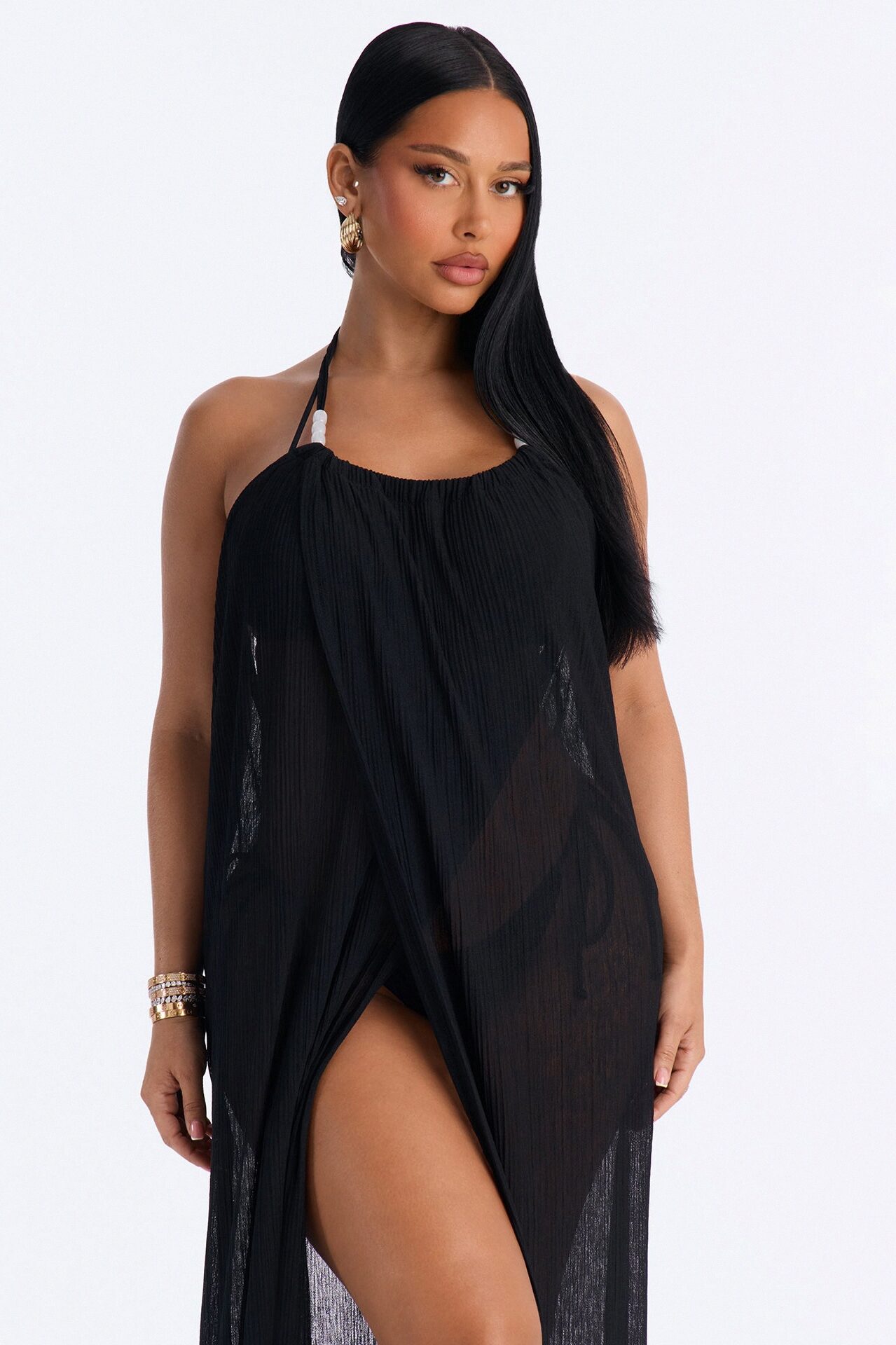 Summer Breeze Plisse Halter Cover Up Maxi Dress - Black