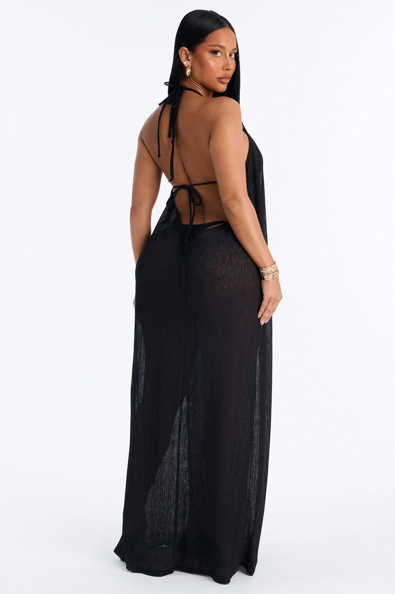 Summer Breeze Plisse Halter Cover Up Maxi Dress - Black