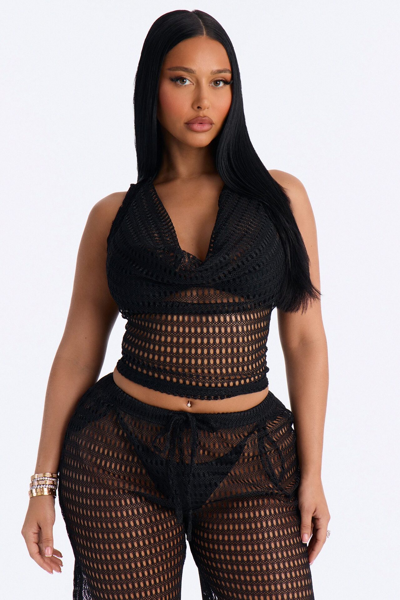 Sunny Shores Metallic Cowl Neck Cover Up Pants Set - Black