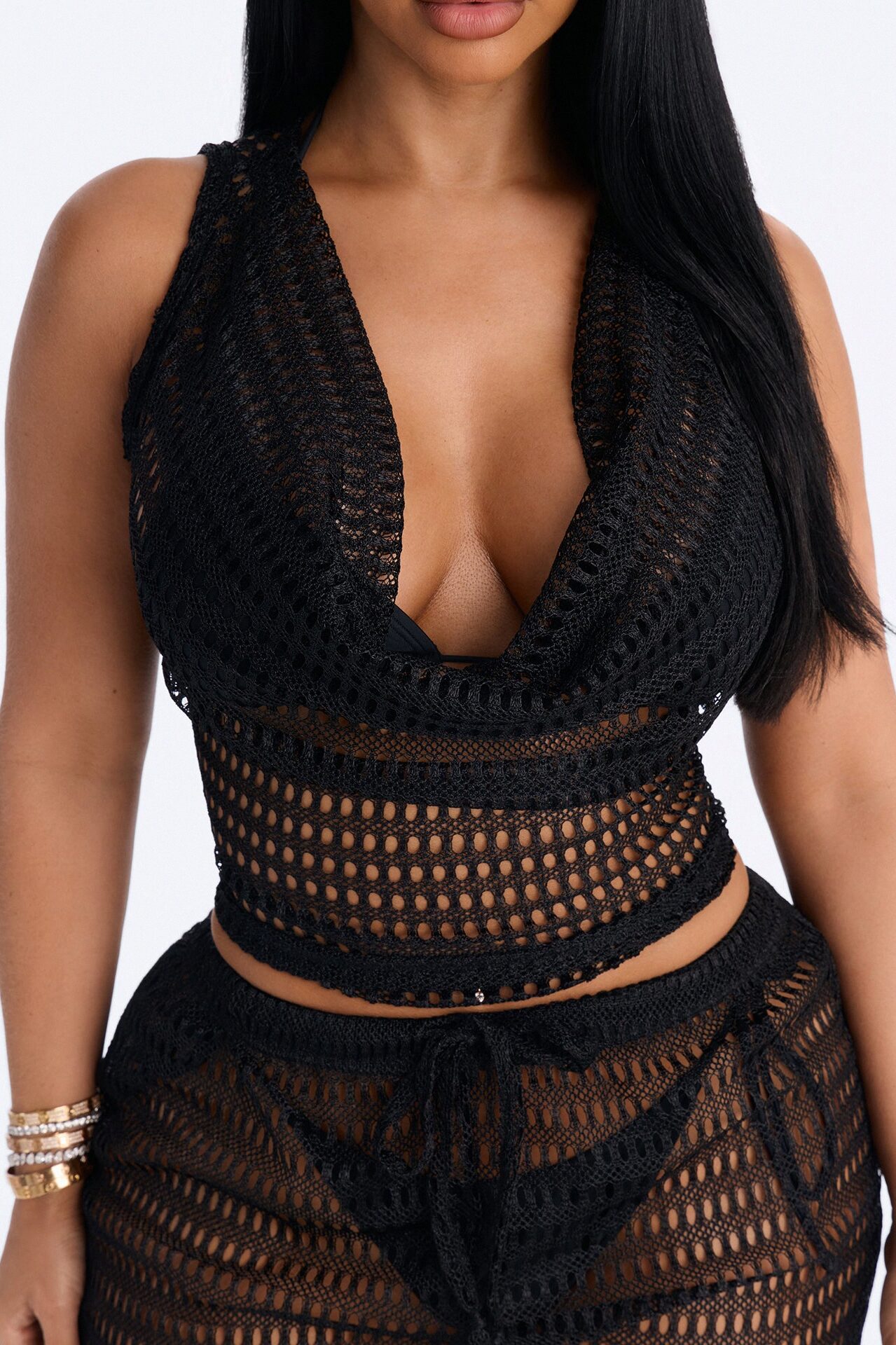 Sunny Shores Metallic Cowl Neck Cover Up Pants Set - Black