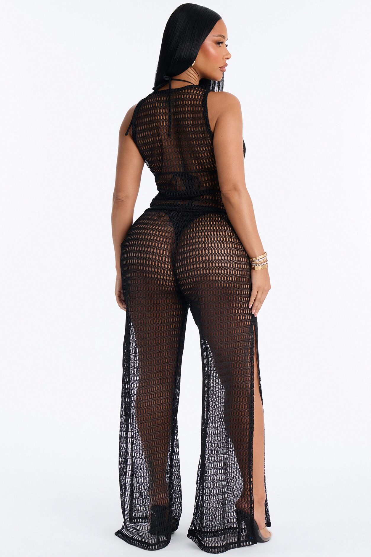 Sunny Shores Metallic Cowl Neck Cover Up Pants Set - Black