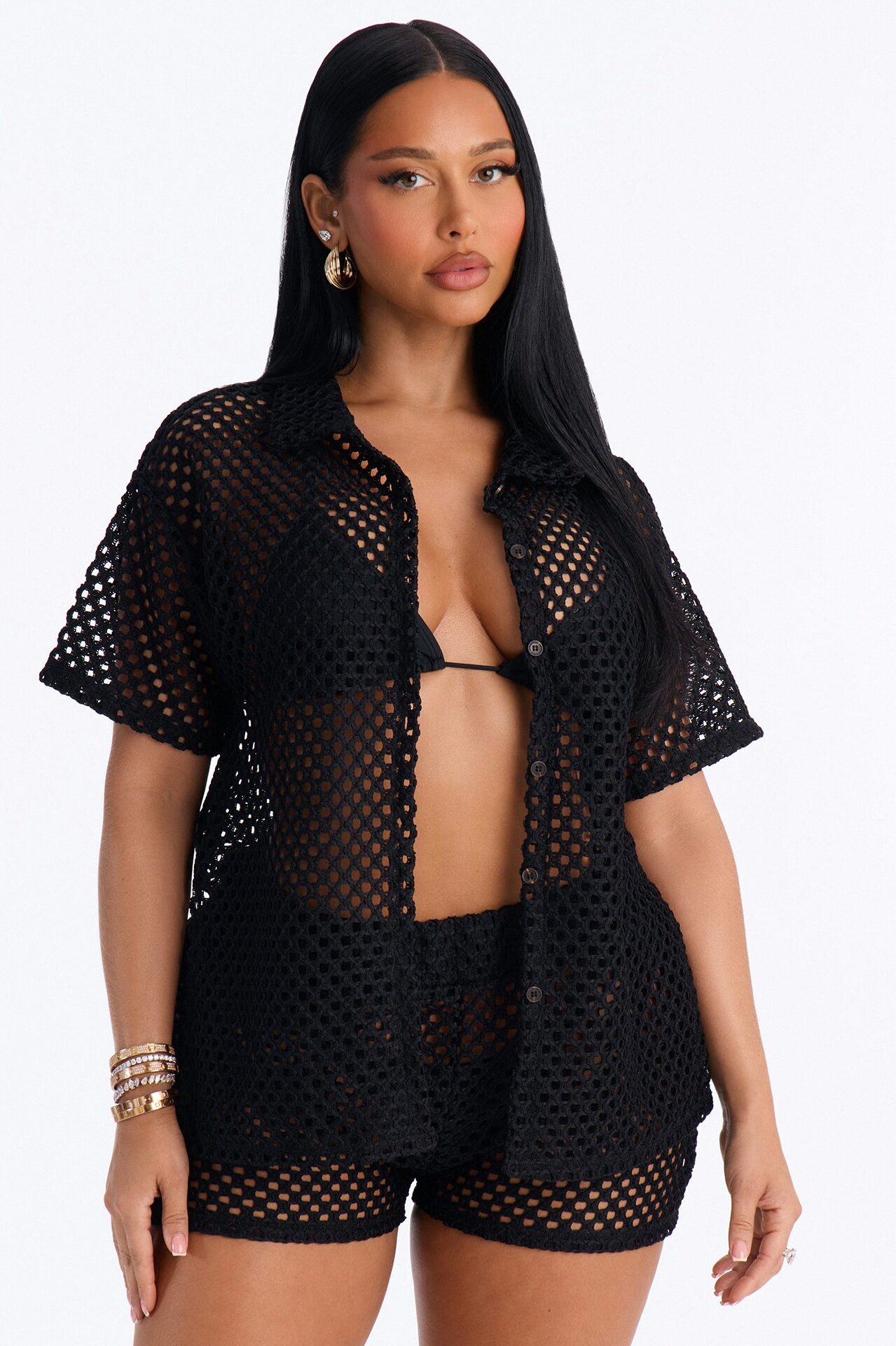 Paradise Sun Button Up Cover Up Shorts Set - Black