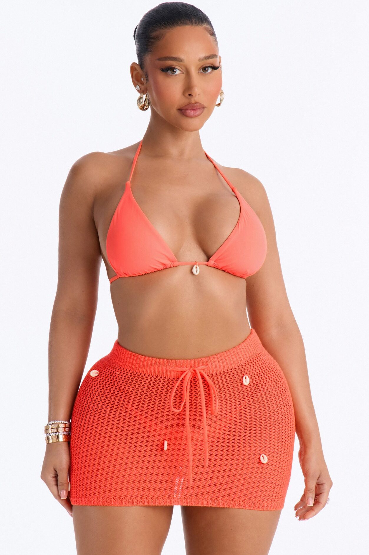Sweet Summer Lovin 3 Piece Triangle Bikini & Crochet Mini Cover Up Skirt Sunsuit - Tangerine