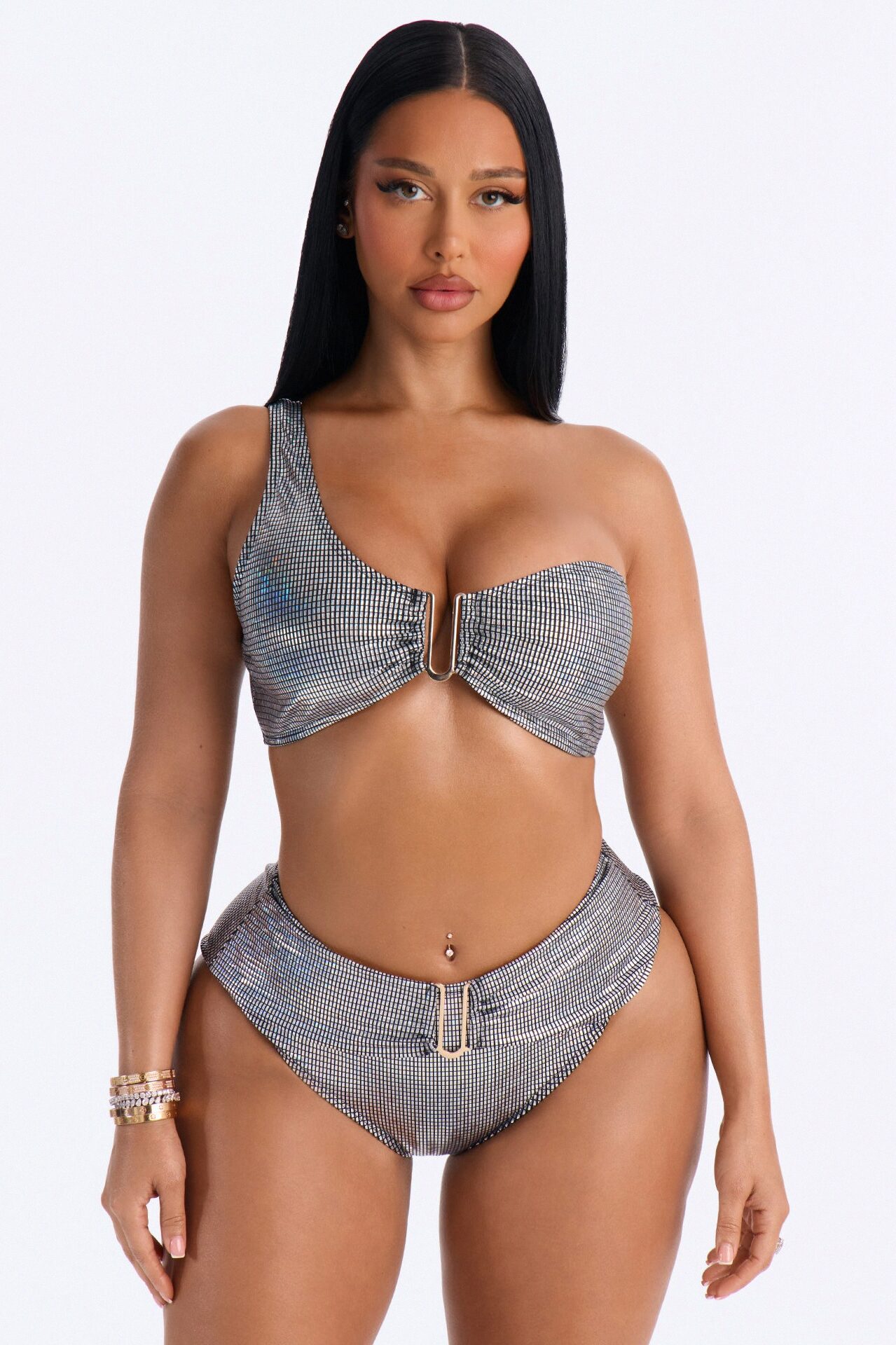 Bubble Up 2 Piece Belted One Shoulder Bikini Set - Silver