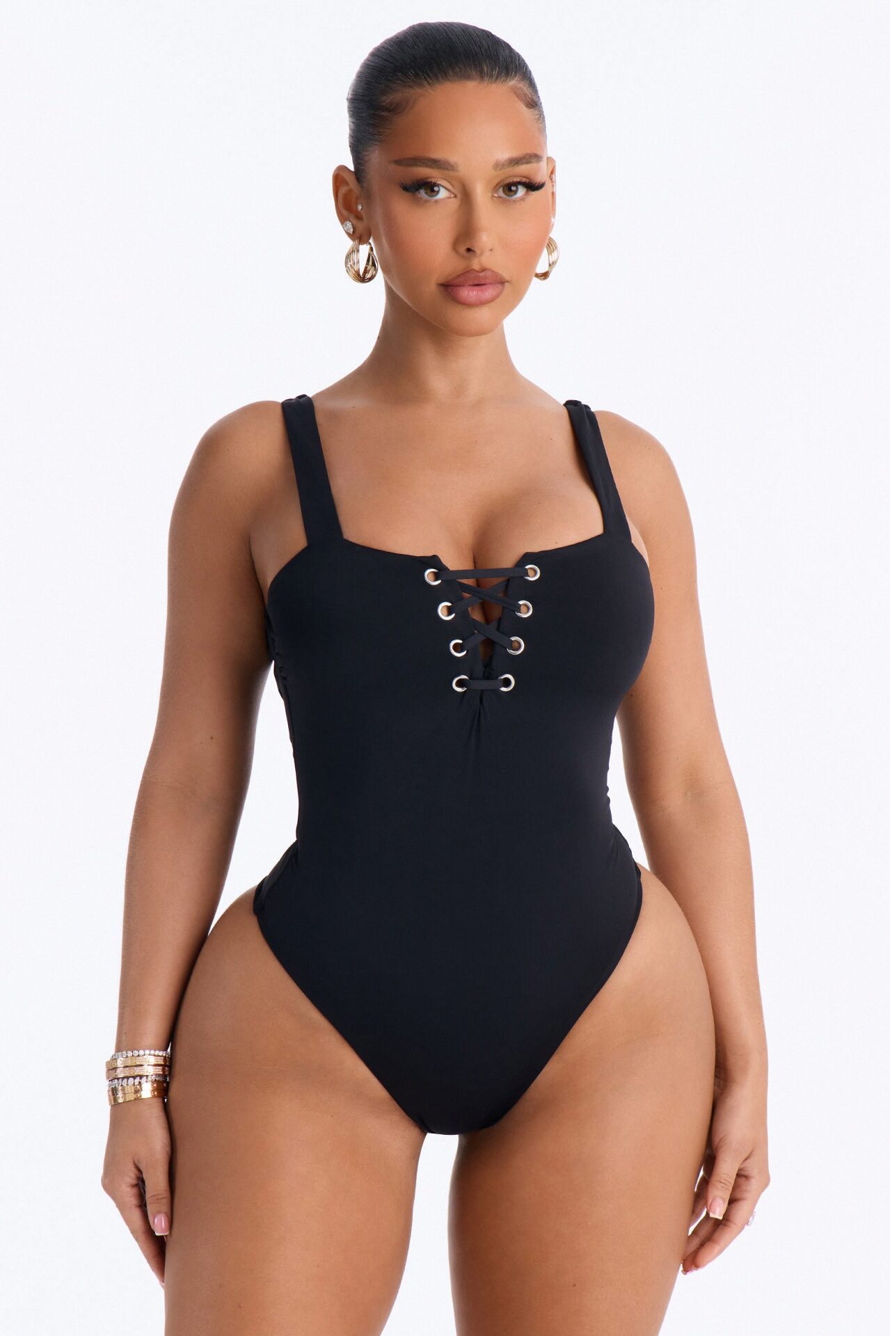 Sandy Toes Lace Up High Leg 1 Piece Swimsuit - Black