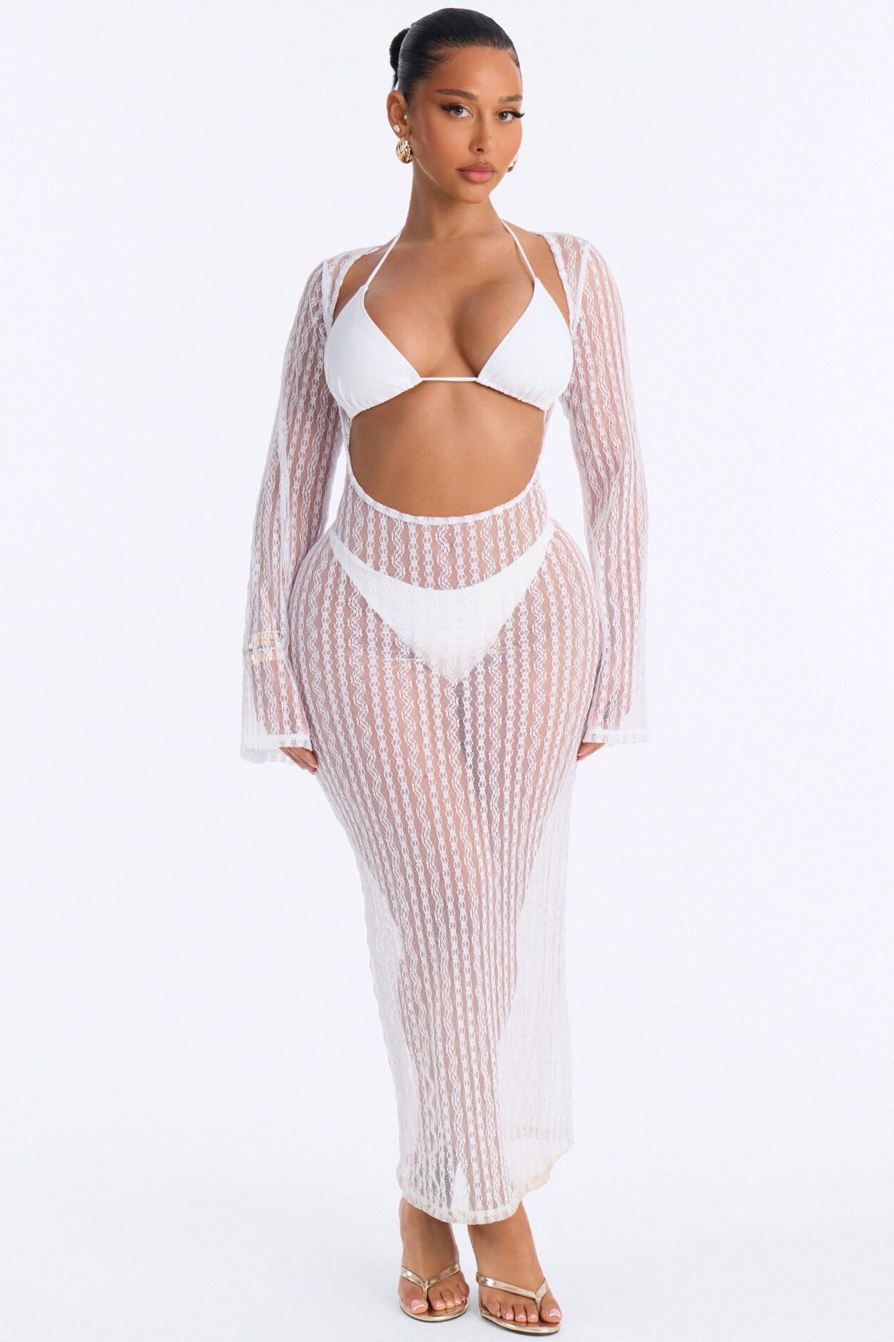Summer Fling Stripe Lace Scoop Cover Up Maxi Dress - White