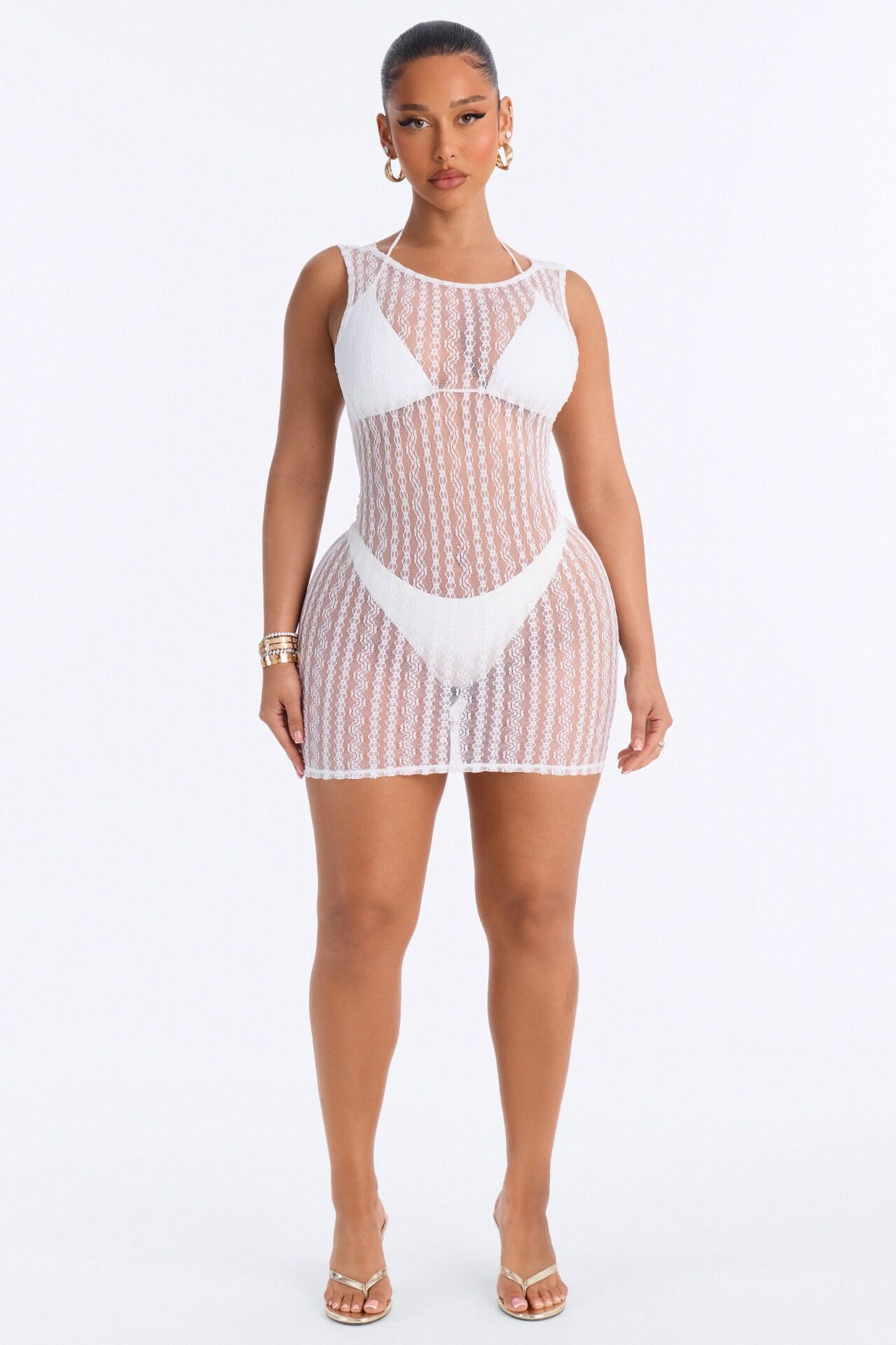 Summer Fling Stripe Lace Back Cowl Cover Up Mini Dress - White