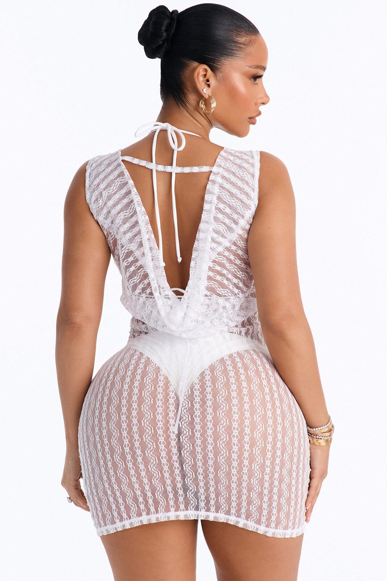 Summer Fling Stripe Lace Back Cowl Cover Up Mini Dress - White
