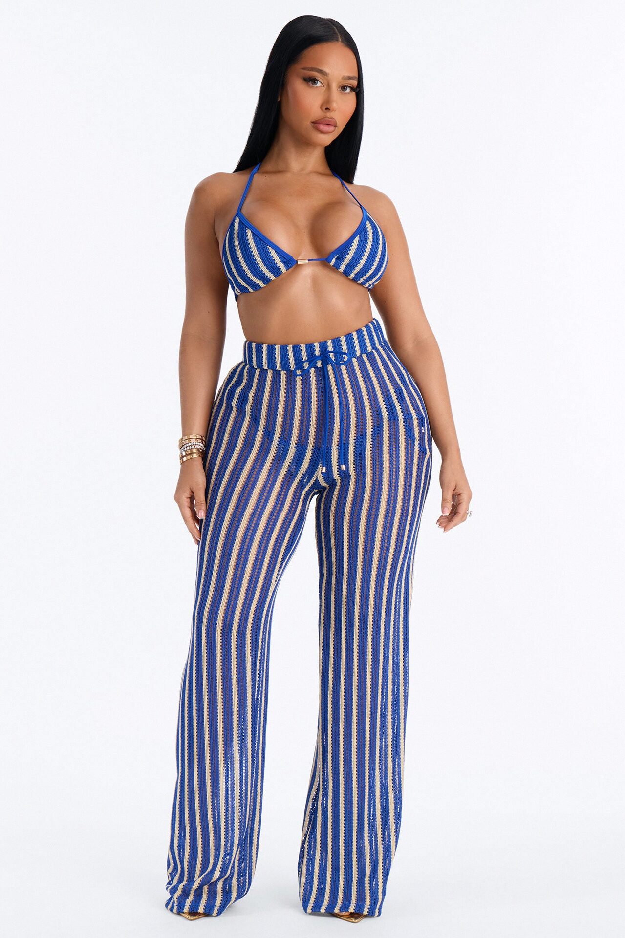 Callie Crochet 3 Piece Bikini & Pants Set - Blue/combo