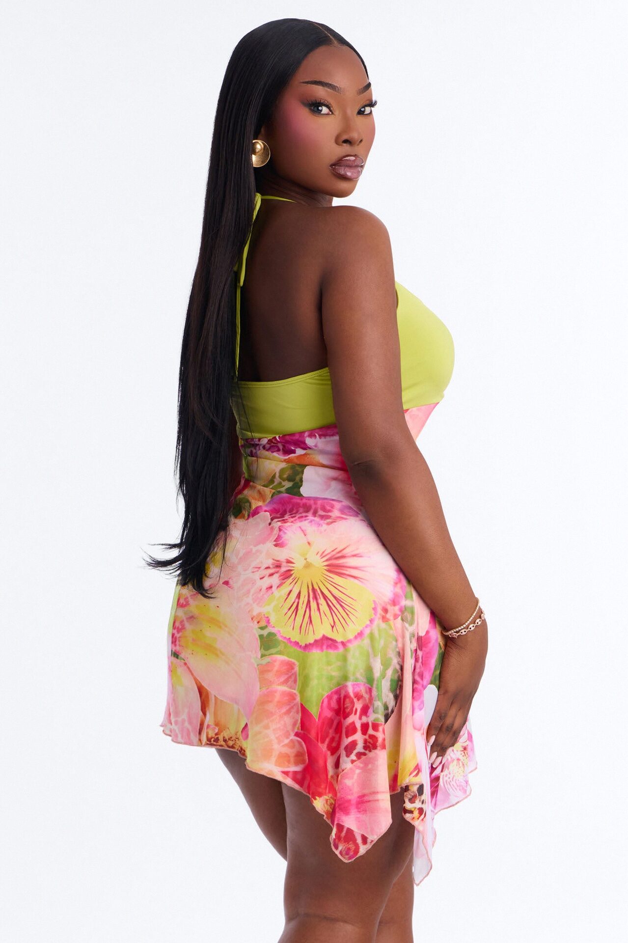 Aurora Floral Mesh Mini Dress - Yellow/combo