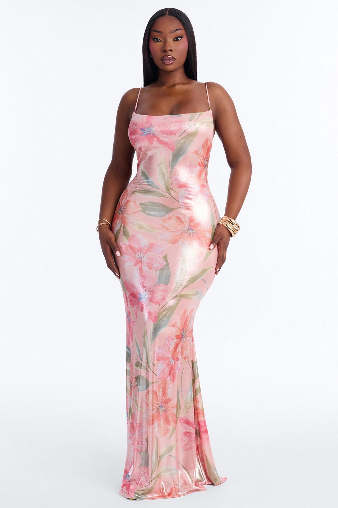 Nathalie Metallic Floral Lace Up Maxi Dress - Pink/combo