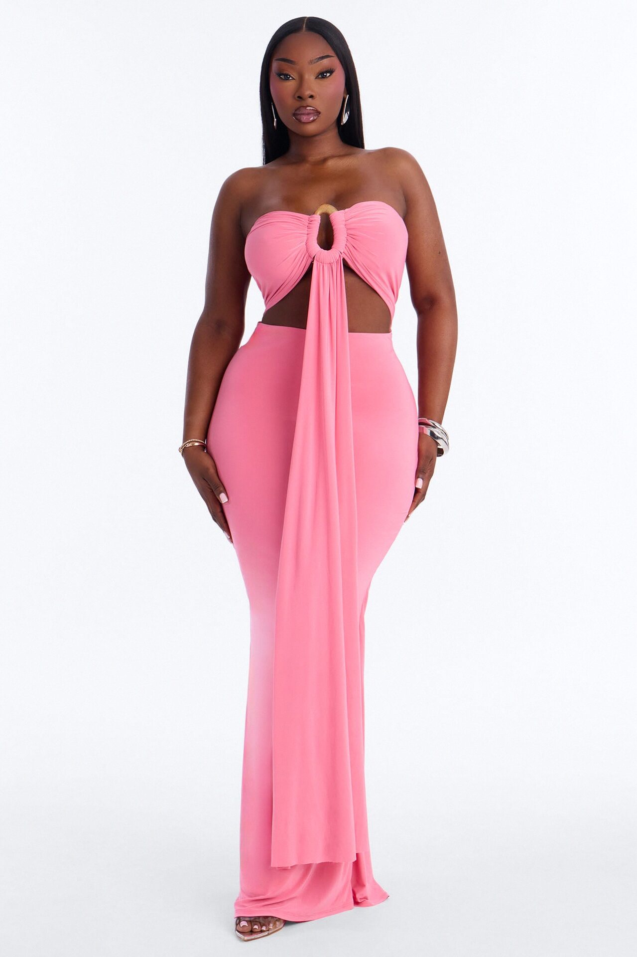Heating Up Draped Strapless Maxi Dress - Pink