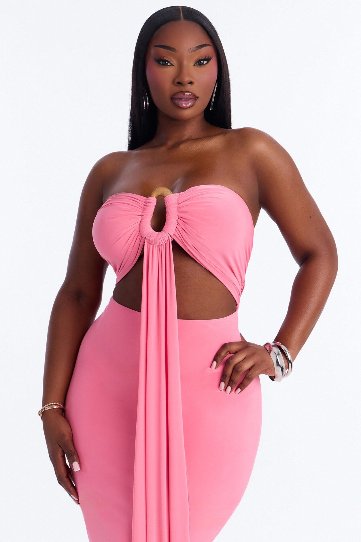 Heating Up Draped Strapless Maxi Dress - Pink
