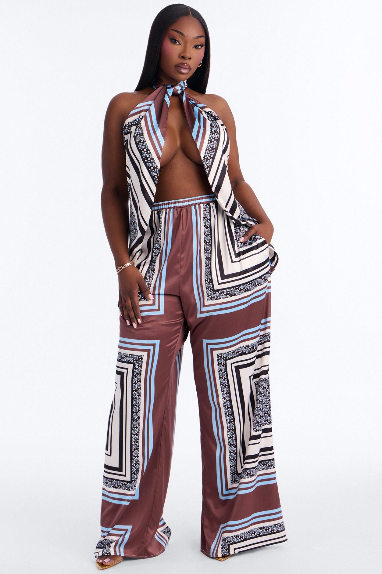 Nova Satin Abstract Pant Set - Blue/combo
