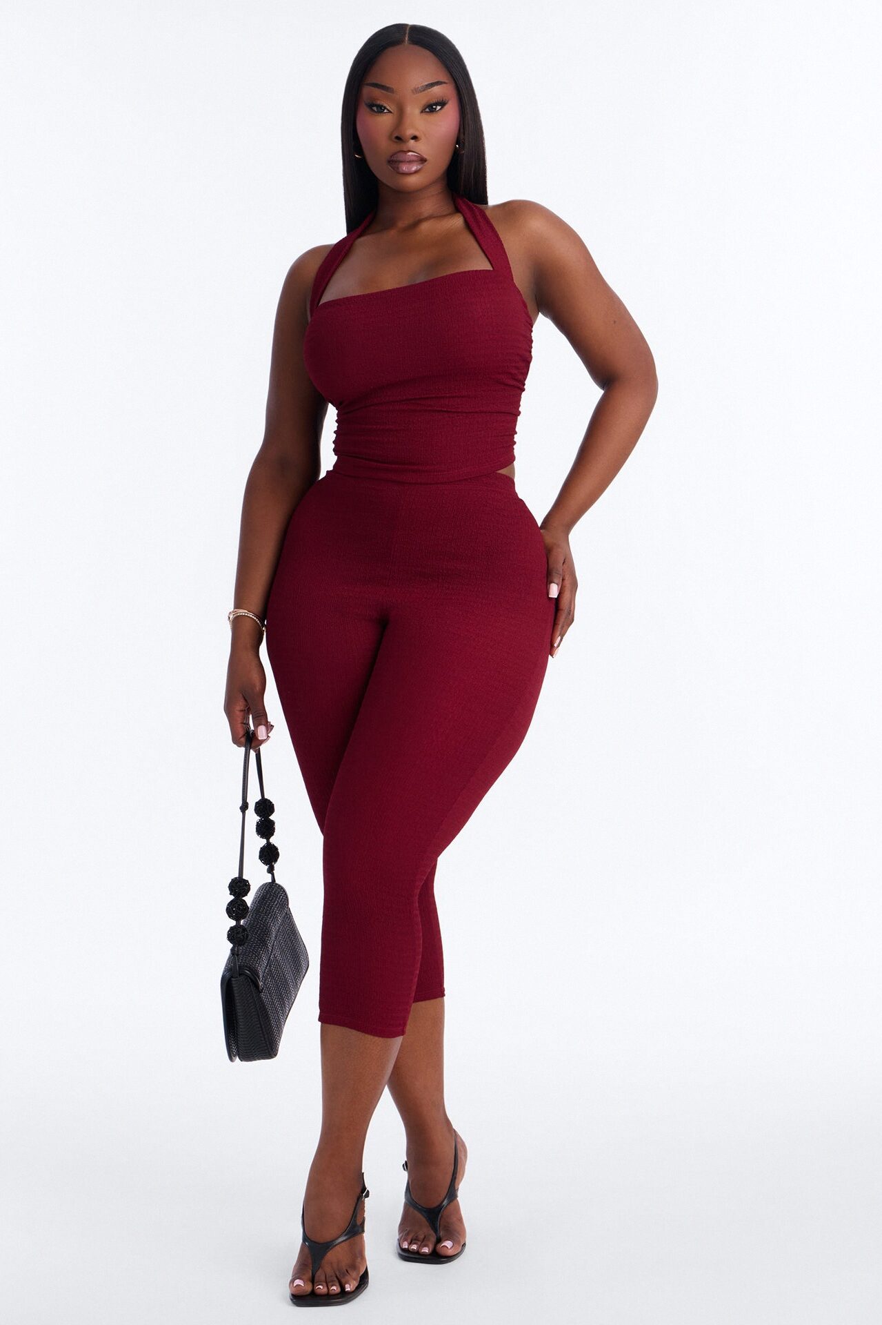 Delilah Textured Halter Capri Pant Set - Burgundy