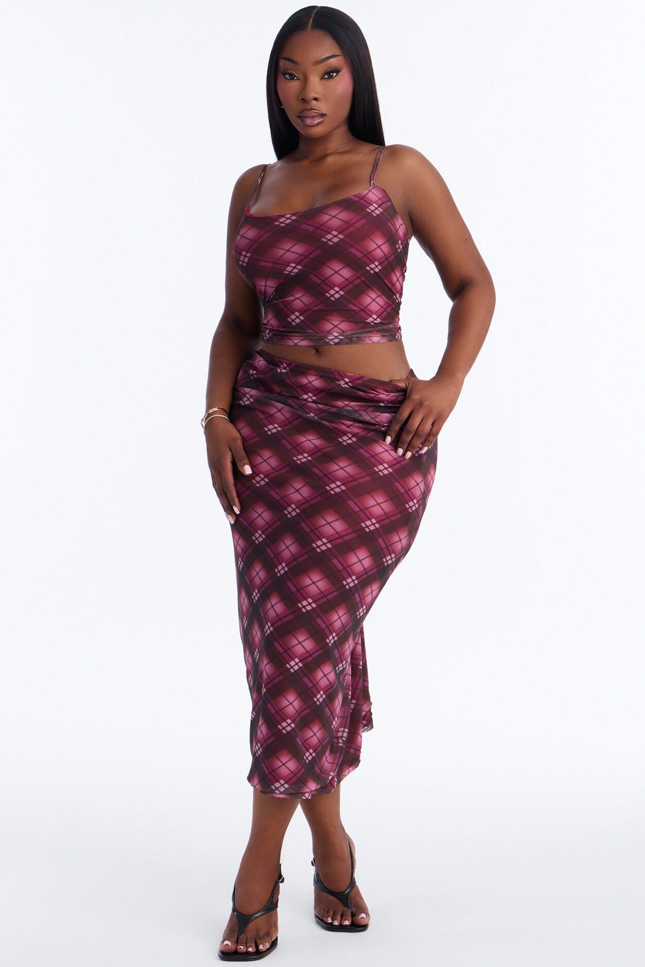 Mayla Mesh Plaid Skirt Set - Burgundy/combo
