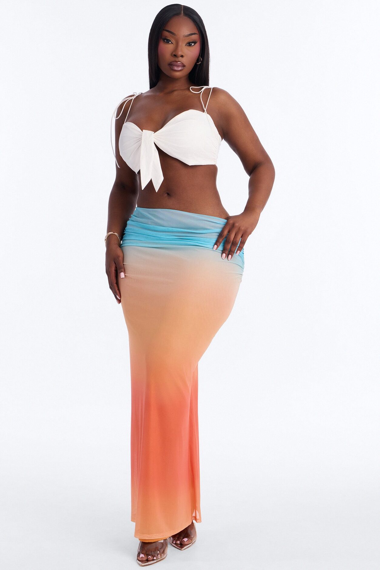 Tulum Sunset Ruched Mesh Maxi Skirt - Multi Color