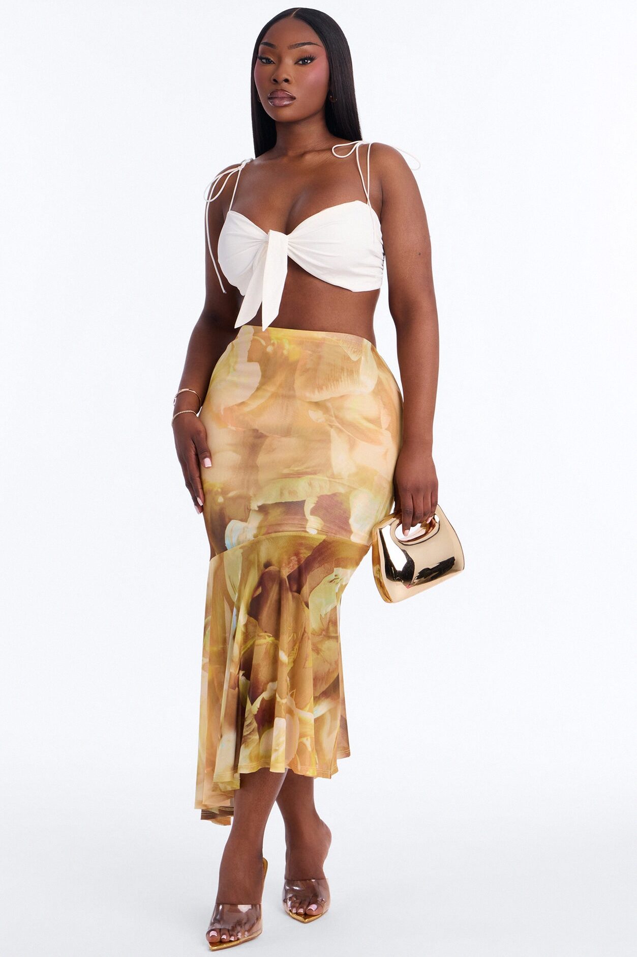 Destiny Asymmetrical Mesh Midi Skirt - Yellow/combo
