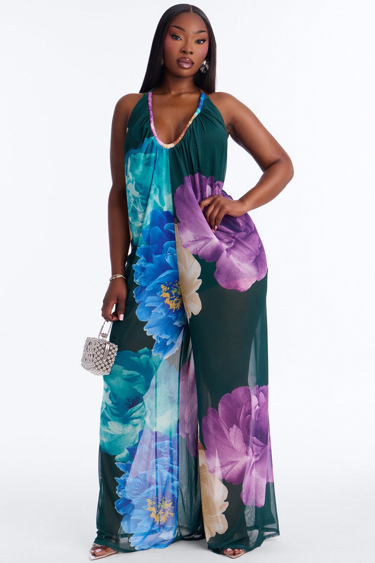 Valeria Mesh Floral Wide Leg Jumpsuit - Hunter