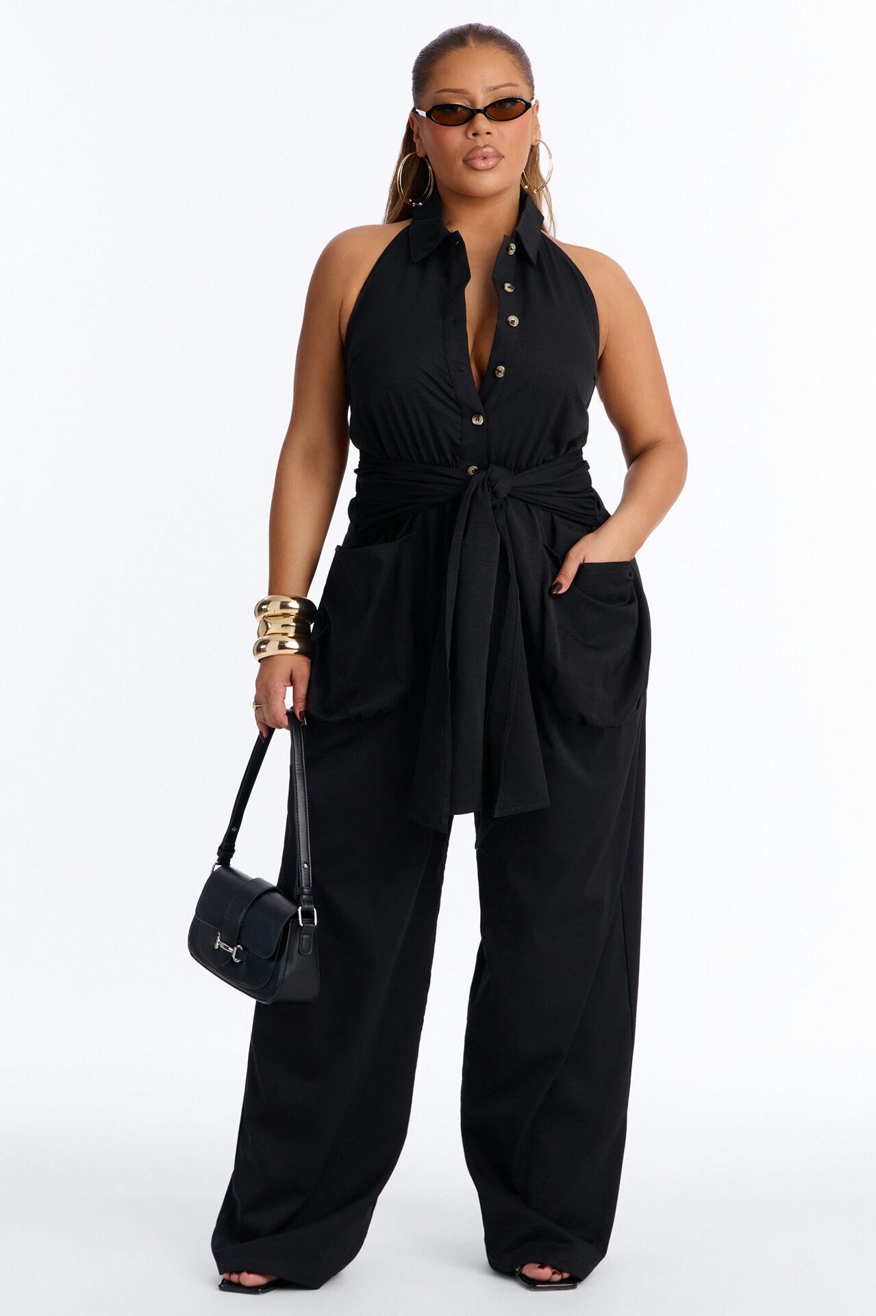 Chelley Cinched Waist Wide Leg Jumpsuit - Black