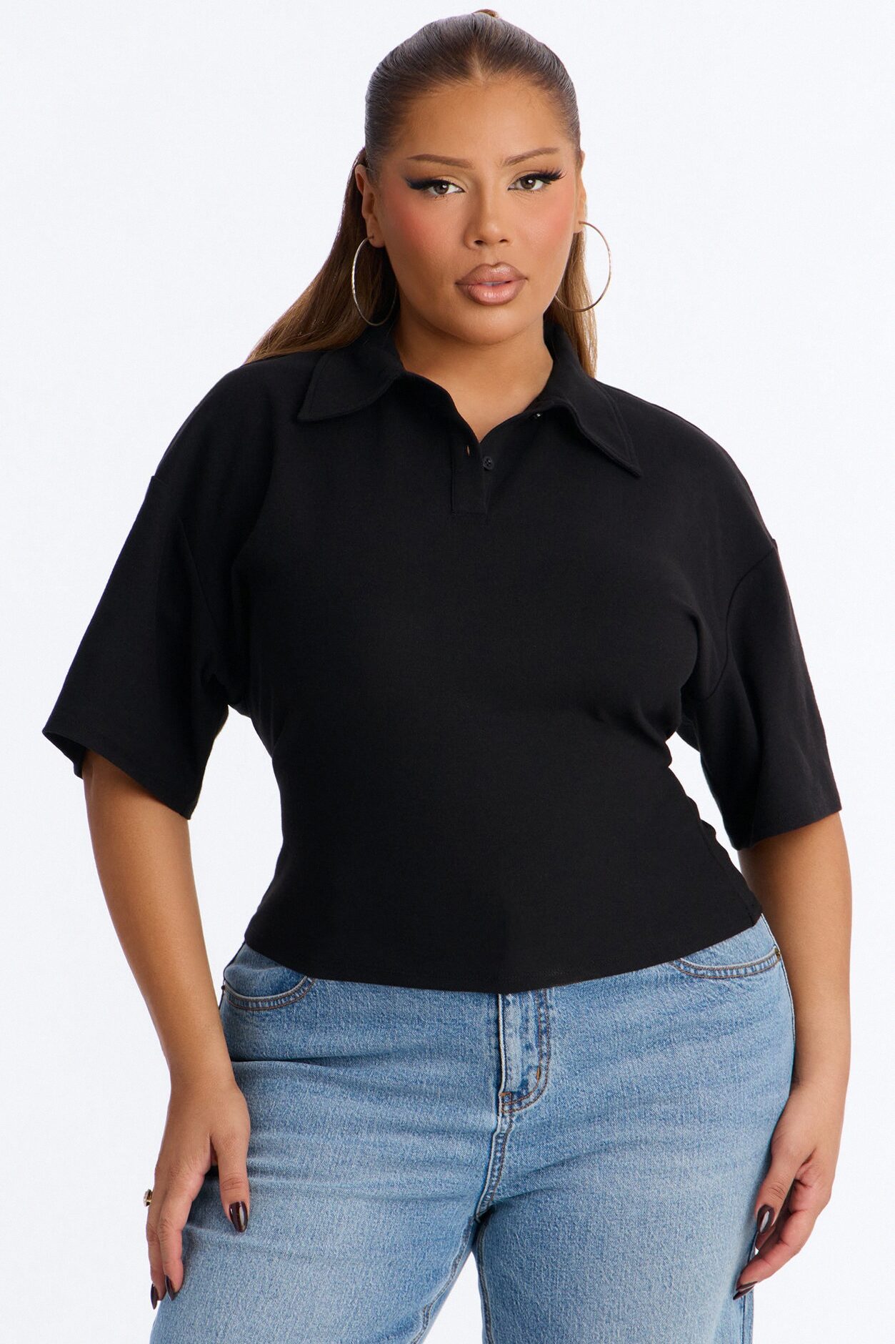 Street Serve Cinched Short Sleeve Polo Top - Black