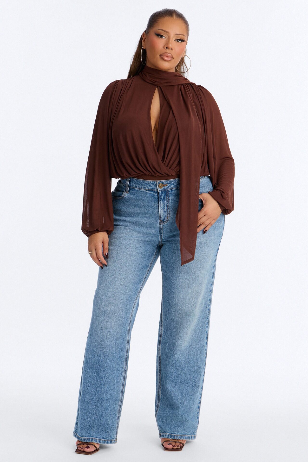 Melinna Mesh Scarf Long Sleeve Bodysuit - Chocolate