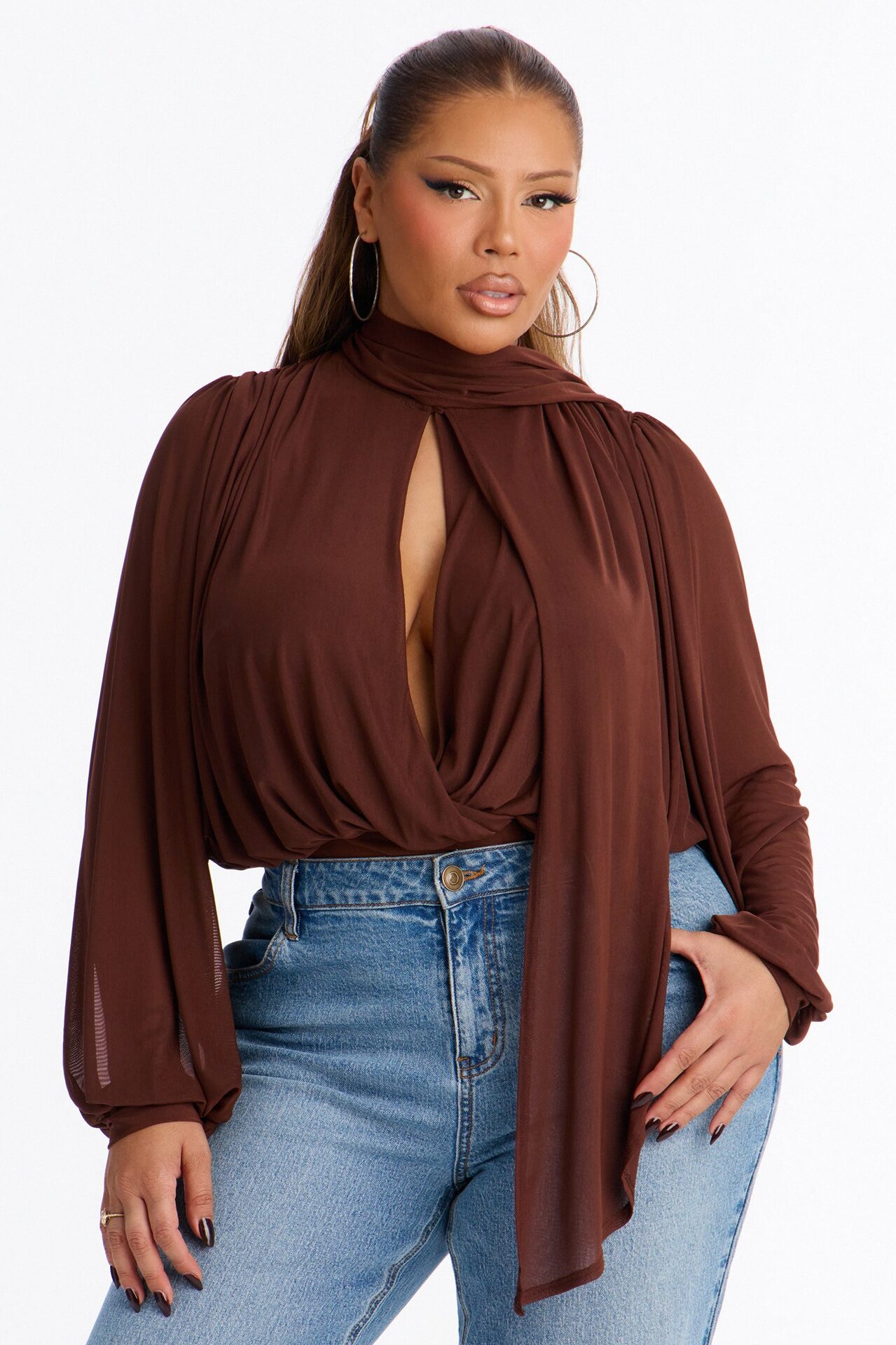 Melinna Mesh Scarf Long Sleeve Bodysuit - Chocolate