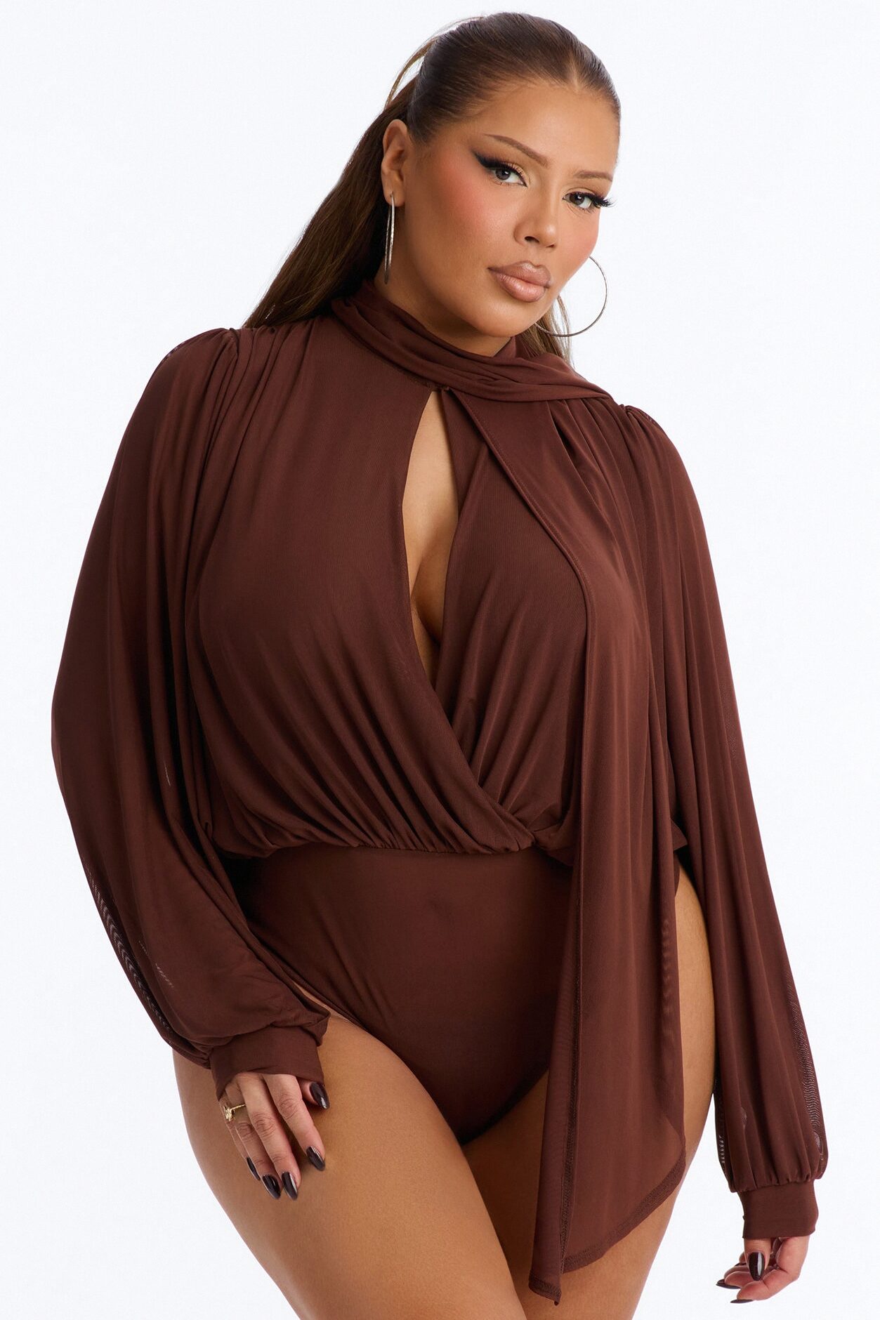 Melinna Mesh Scarf Long Sleeve Bodysuit - Chocolate