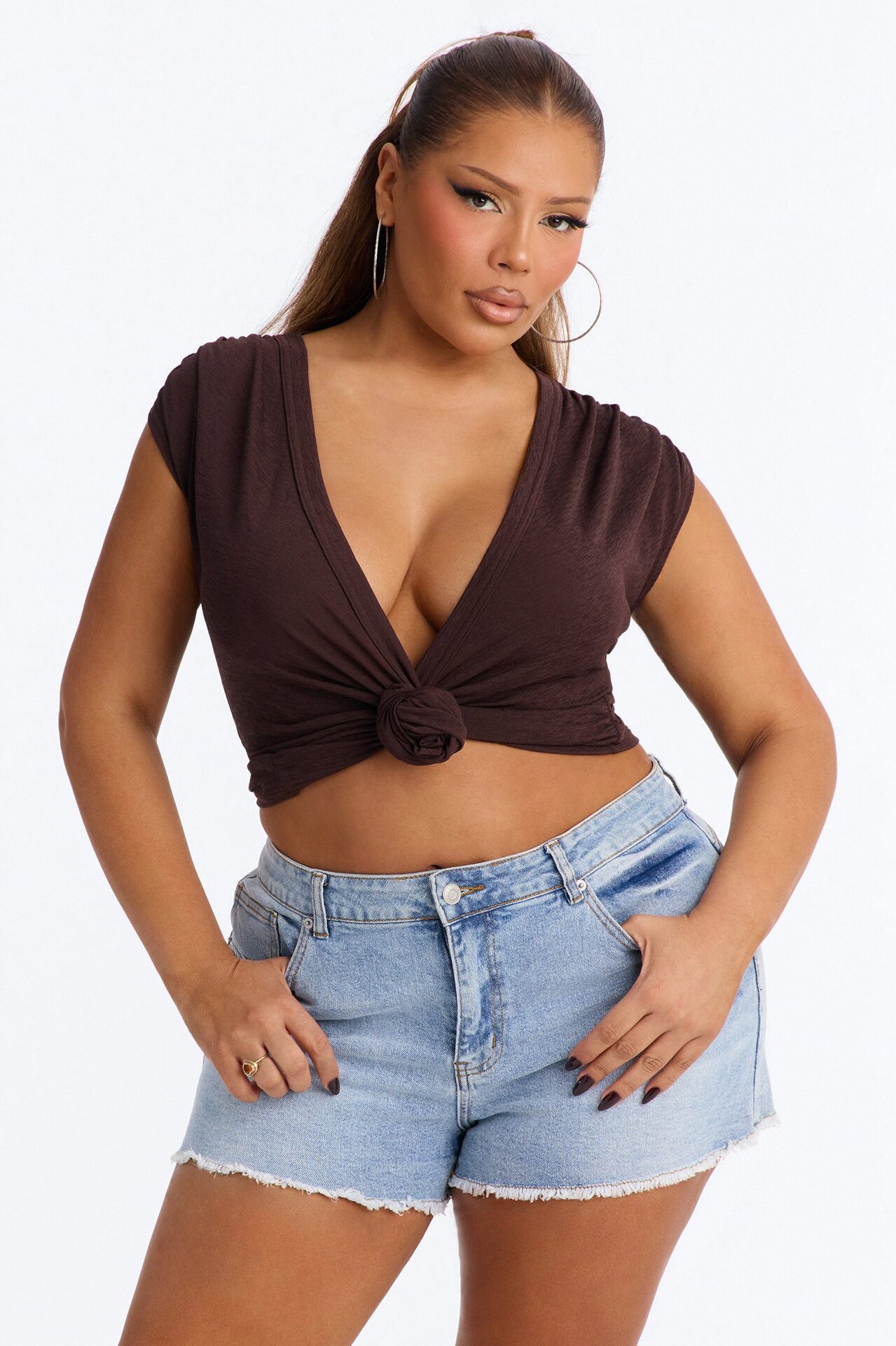 Selena Textured Deep V-Neck Knot Top - Brown